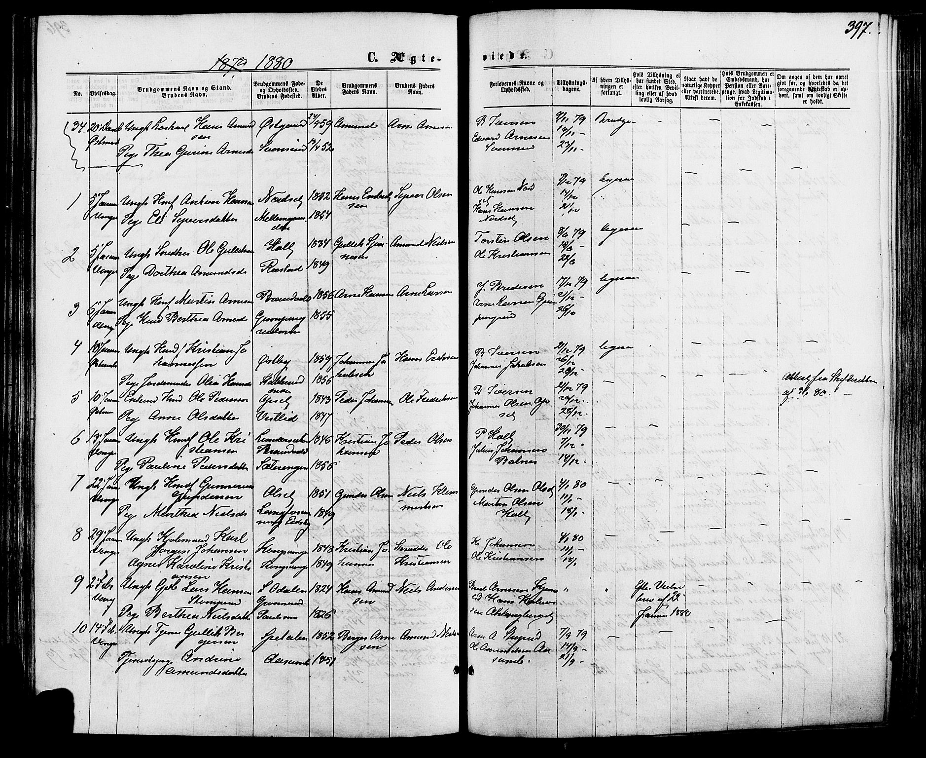 Vinger prestekontor, SAH/PREST-024/H/Ha/Haa/L0012: Parish register (official) no. 12, 1871-1880, p. 397