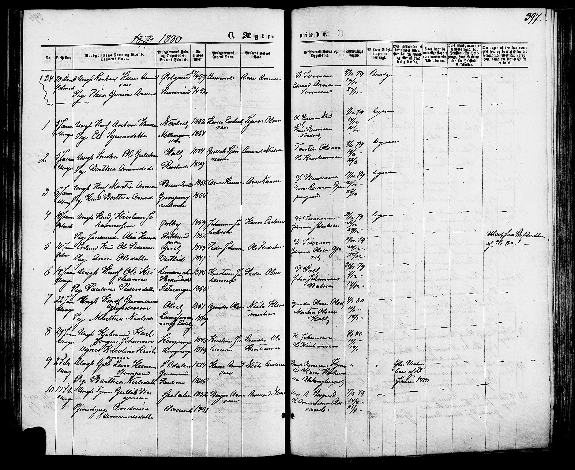 Vinger prestekontor, AV/SAH-PREST-024/H/Ha/Haa/L0012: Parish register (official) no. 12, 1871-1880, p. 397