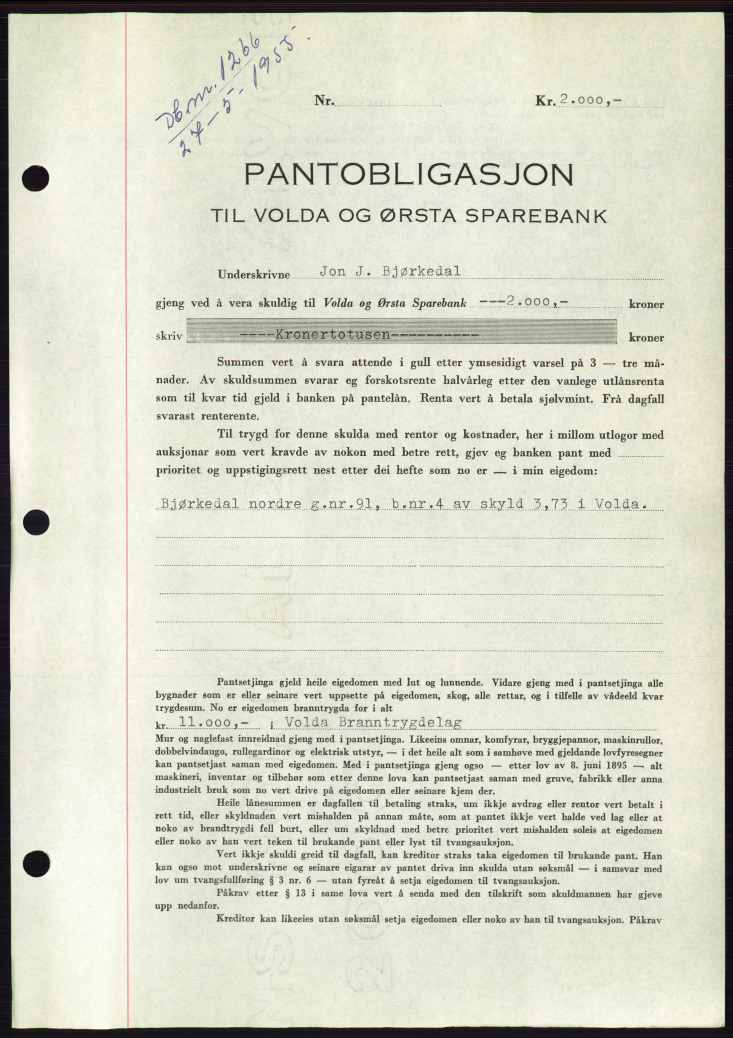 Søre Sunnmøre sorenskriveri, AV/SAT-A-4122/1/2/2C/L0126: Mortgage book no. 14B, 1954-1955, Diary no: : 1266/1955