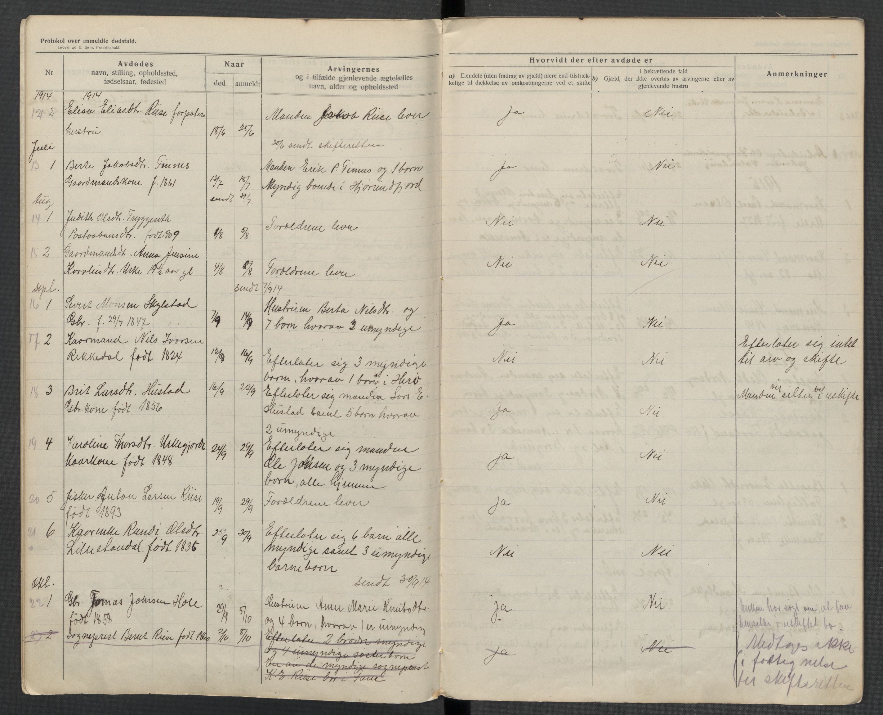 Hjørundfjord lensmannskontor, AV/SAT-A-5879/1/2/L0005: 2.2.02 - Dødsfallsprotokoll, 1913-1923