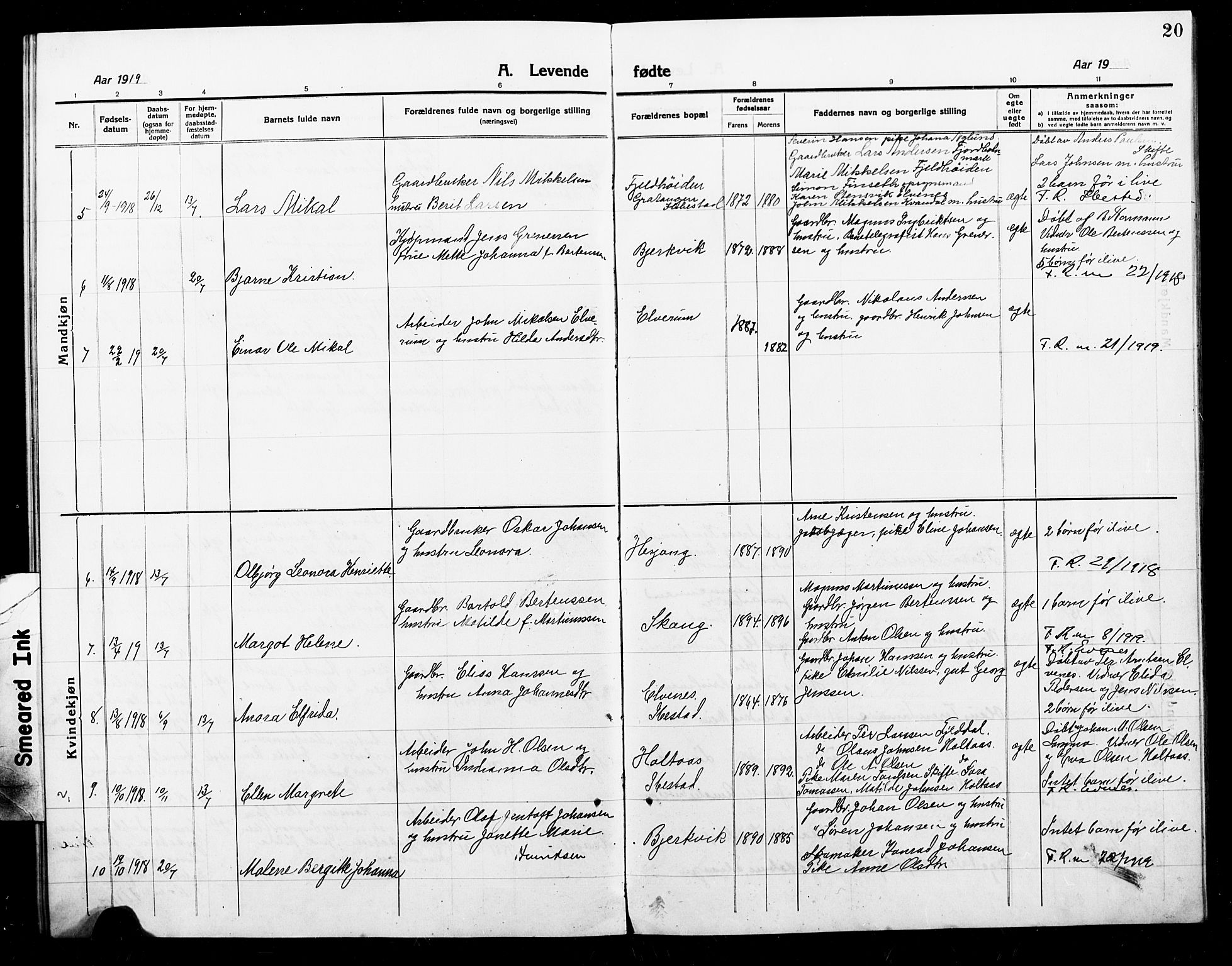 Ministerialprotokoller, klokkerbøker og fødselsregistre - Nordland, AV/SAT-A-1459/868/L0969: Parish register (copy) no. 868C01, 1914-1925, p. 20