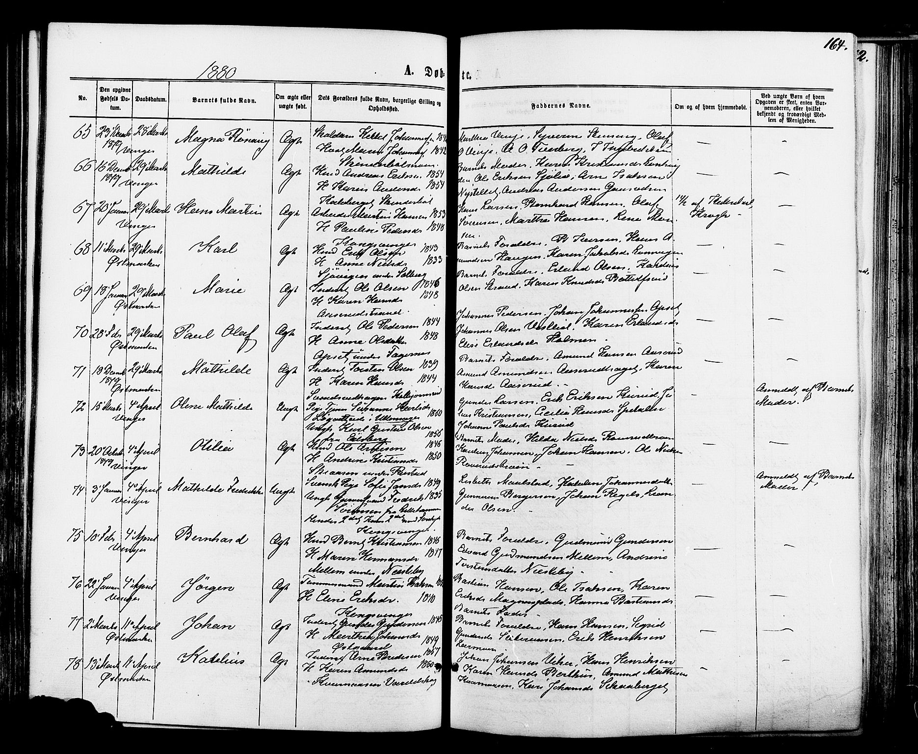 Vinger prestekontor, SAH/PREST-024/H/Ha/Haa/L0012: Parish register (official) no. 12, 1871-1880, p. 164