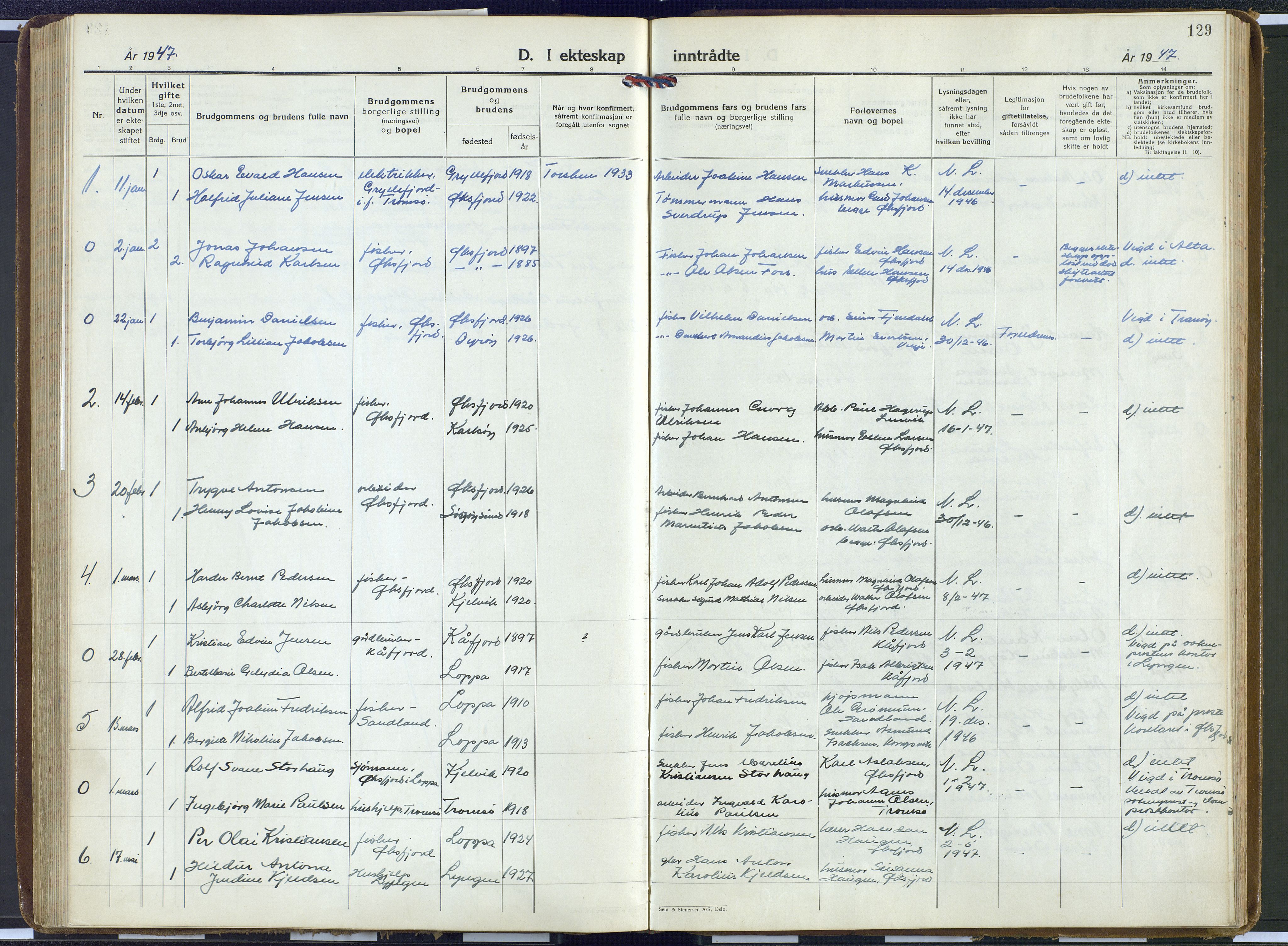 Loppa sokneprestkontor, AV/SATØ-S-1339/H/Ha/L0016kirke: Parish register (official) no. 16, 1942-1952, p. 129