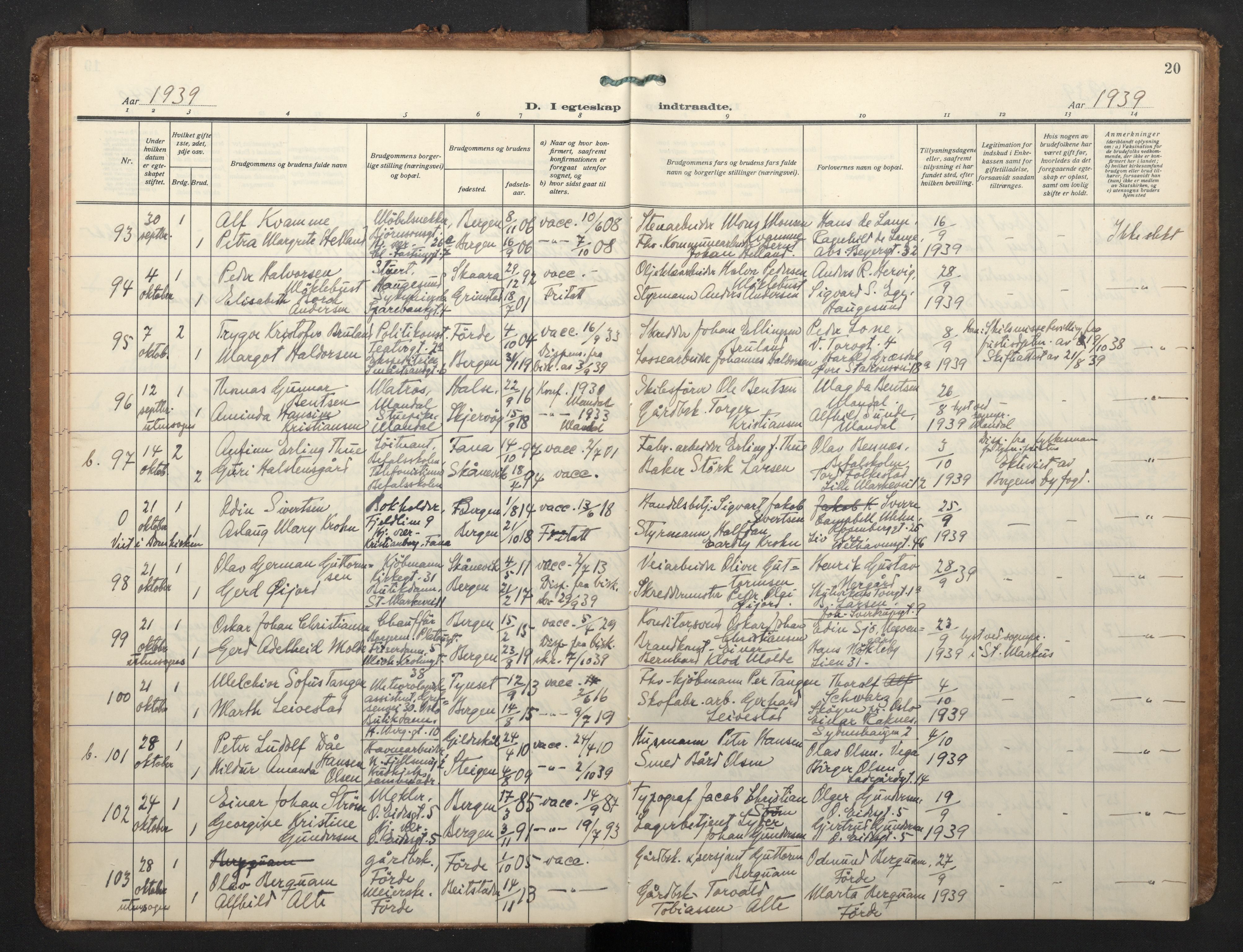 Korskirken sokneprestembete, AV/SAB-A-76101/H/Haa/L0040: Parish register (official) no. D 7, 1938-1952, p. 19b-20a