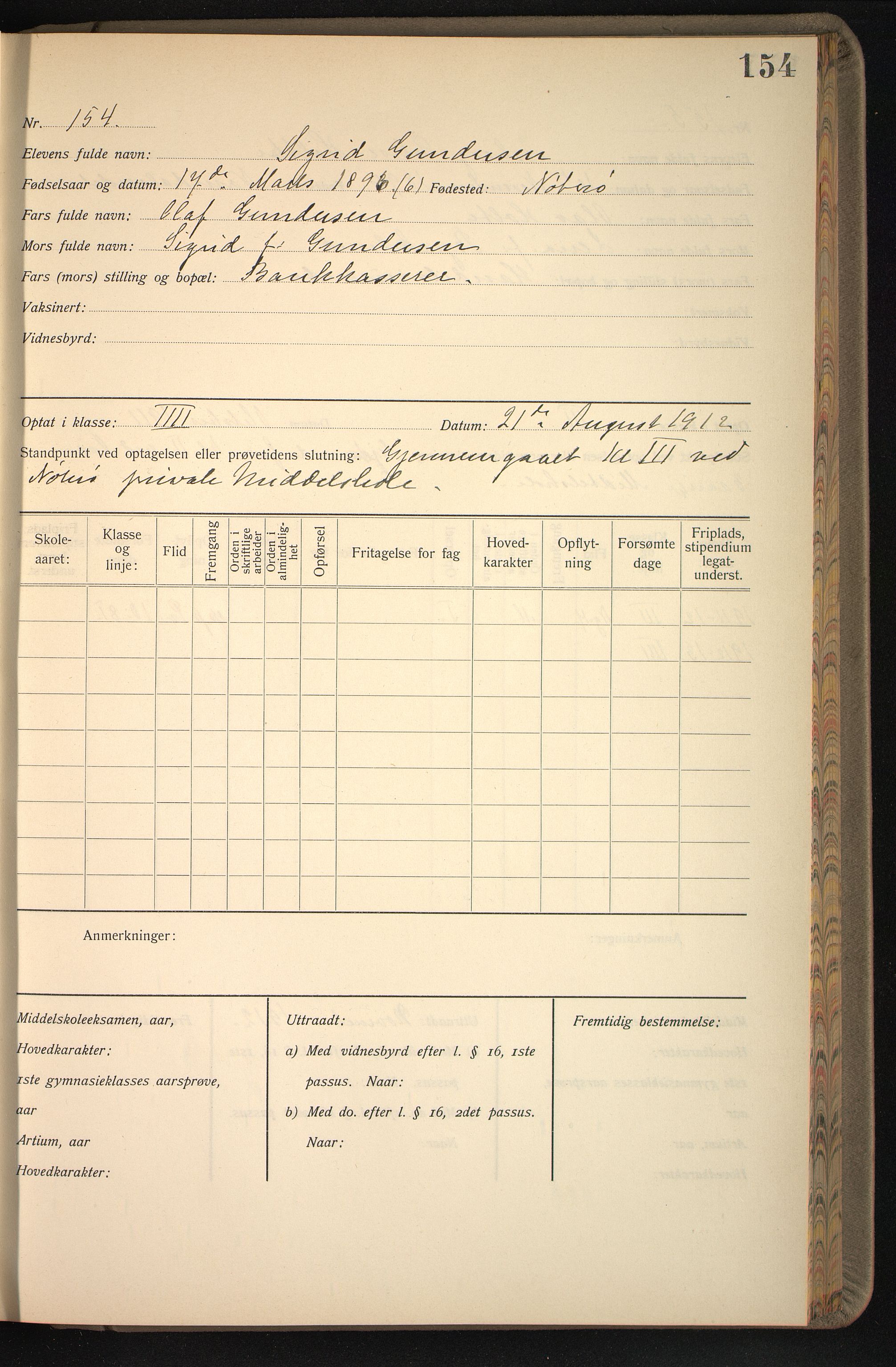 Vestfold fylkeskommune. Greveskogen videregående skole før 1998, VEMU/A-1162/G/Gb/L0003: Manntallsprotokoll Pikeskolen, 1909-1911, p. 155