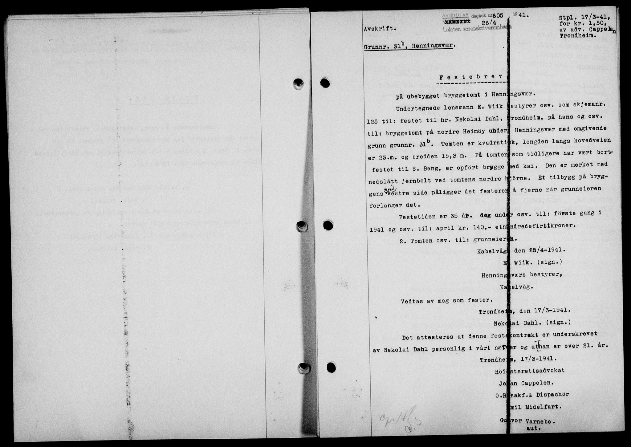 Lofoten sorenskriveri, SAT/A-0017/1/2/2C/L0008a: Mortgage book no. 8a, 1940-1941, Diary no: : 605/1941