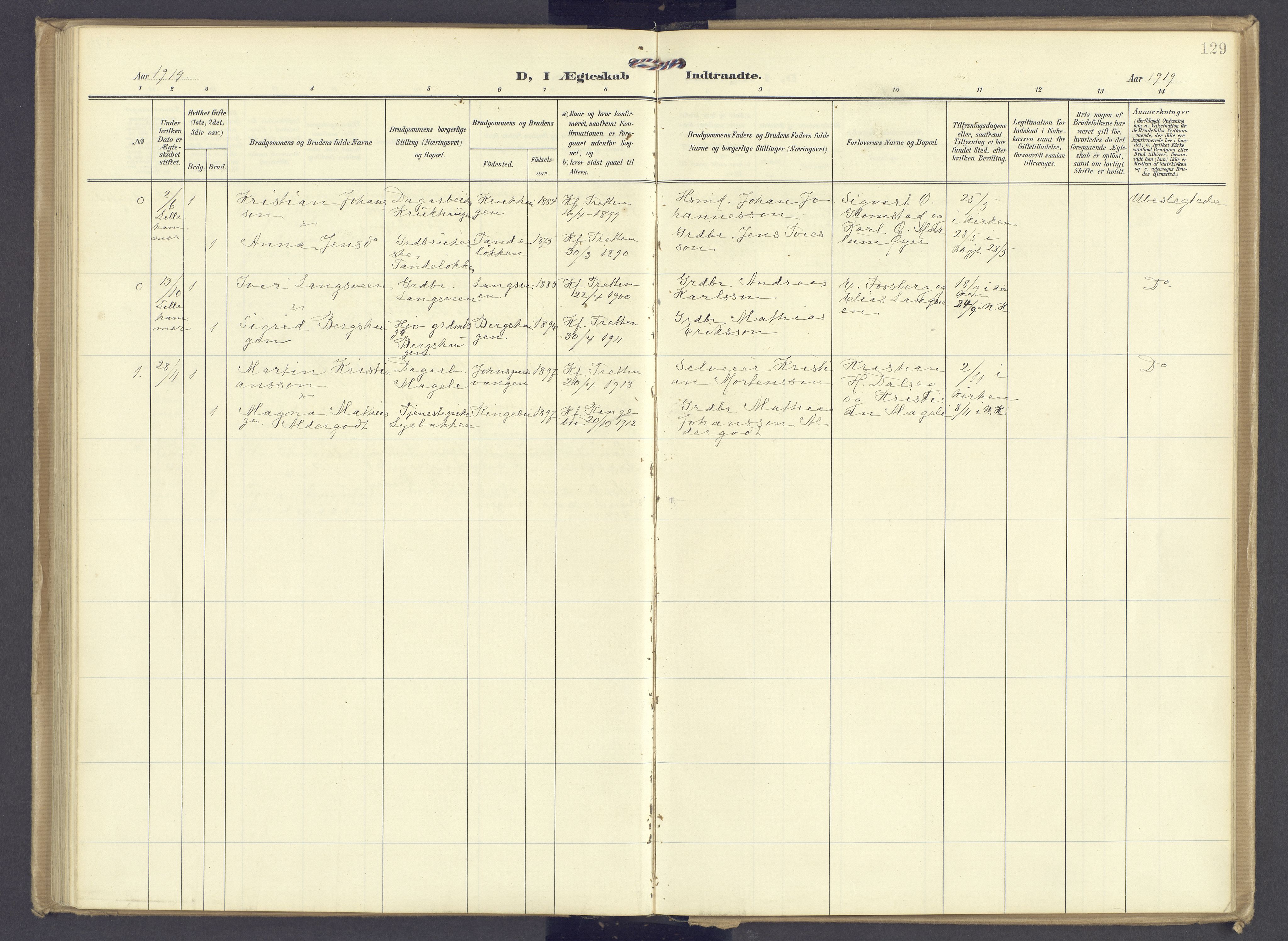 Øyer prestekontor, AV/SAH-PREST-084/H/Ha/Haa/L0013: Parish register (official) no. 13, 1905-1920, p. 129