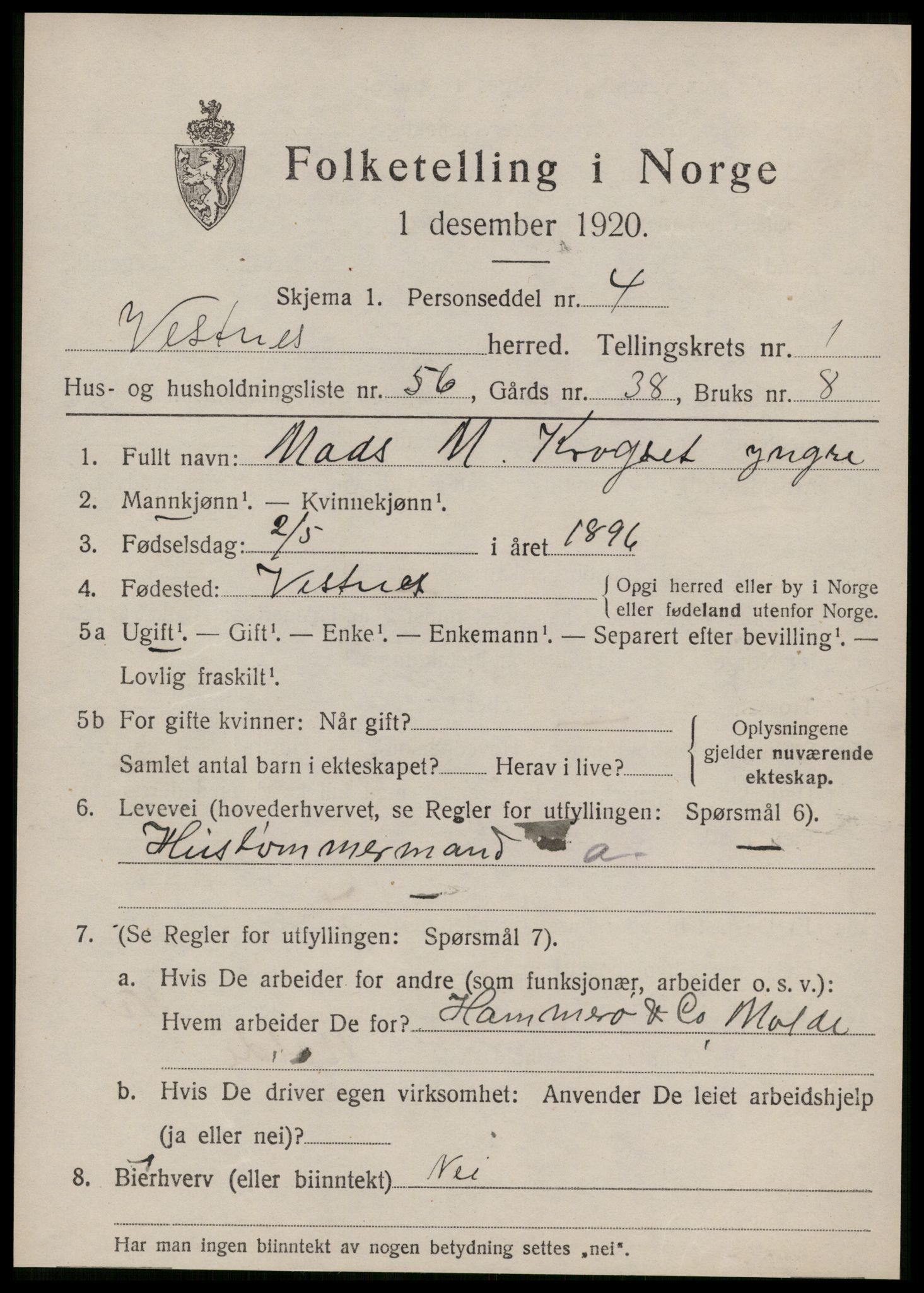SAT, 1920 census for Vestnes, 1920, p. 1887