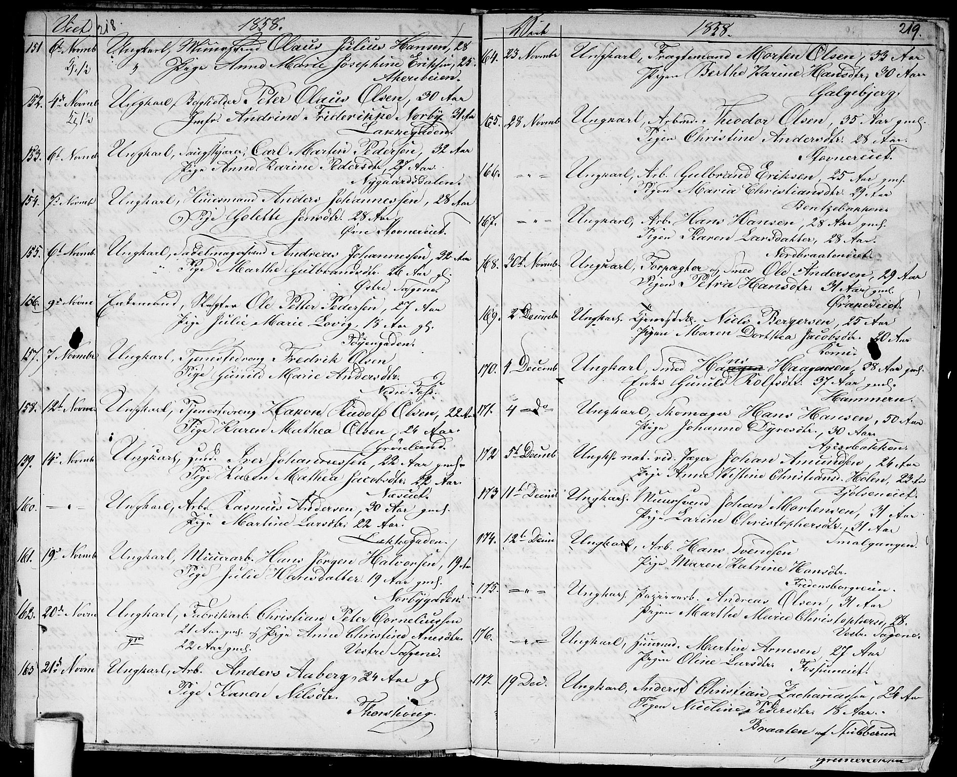 Aker prestekontor kirkebøker, SAO/A-10861/G/L0011: Parish register (copy) no. 11, 1846-1859, p. 218-219