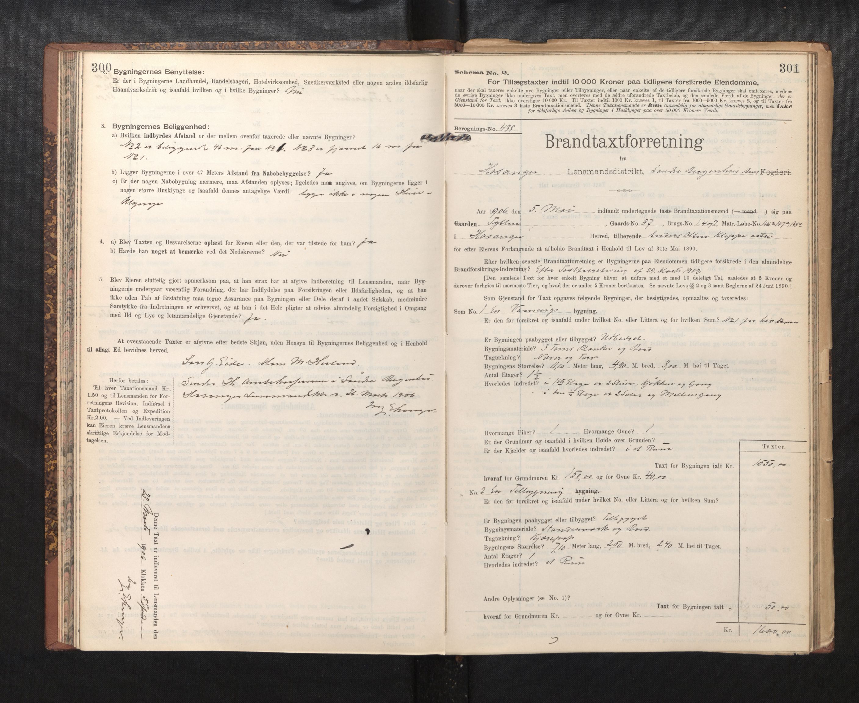 Lensmannen i Hosanger, AV/SAB-A-33001/0012/L0005: Branntakstprotokoll, skjematakst, 1905-1916, p. 300-301