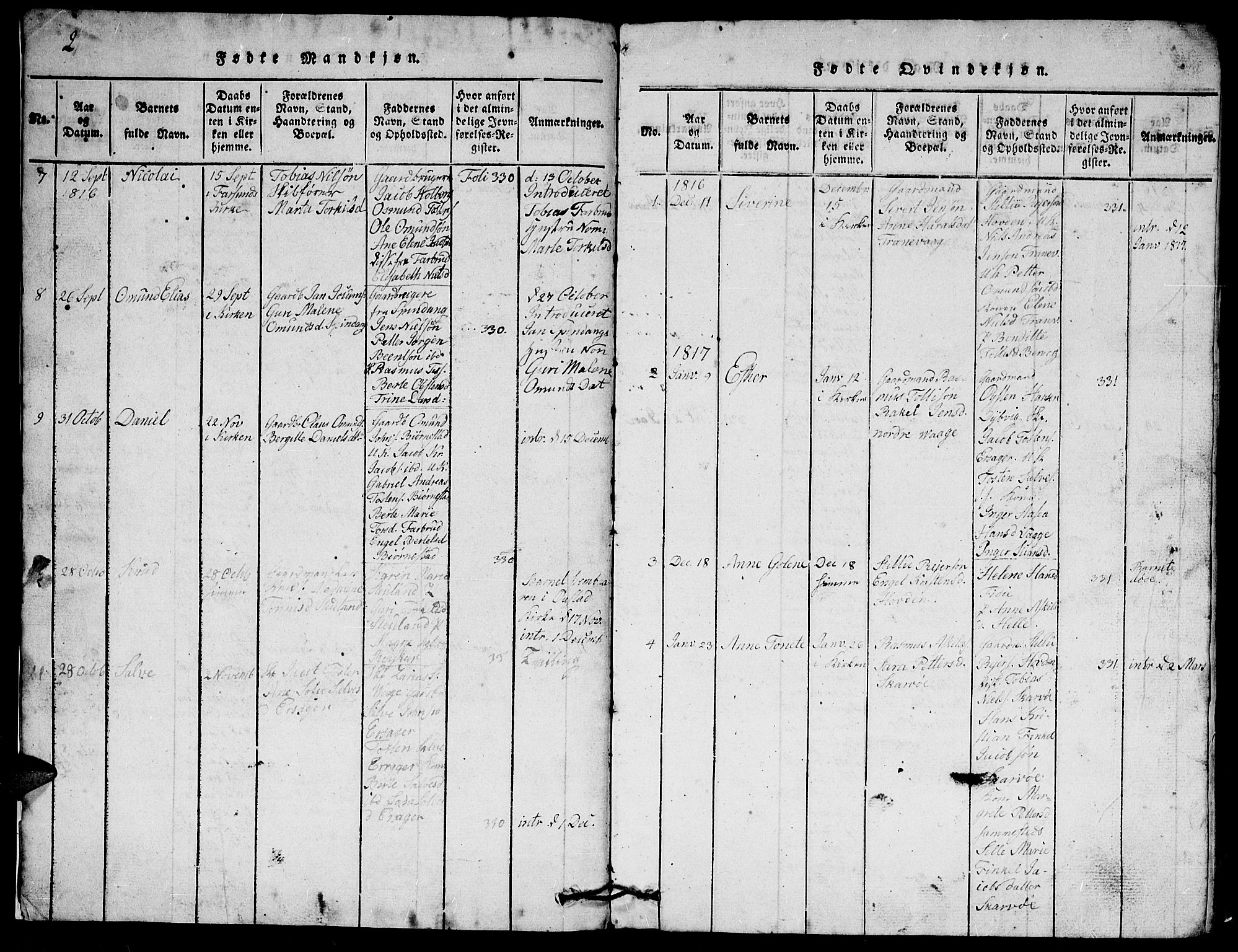 Herad sokneprestkontor, SAK/1111-0018/F/Fb/Fbb/L0001: Parish register (copy) no. B 1, 1815-1852, p. 2