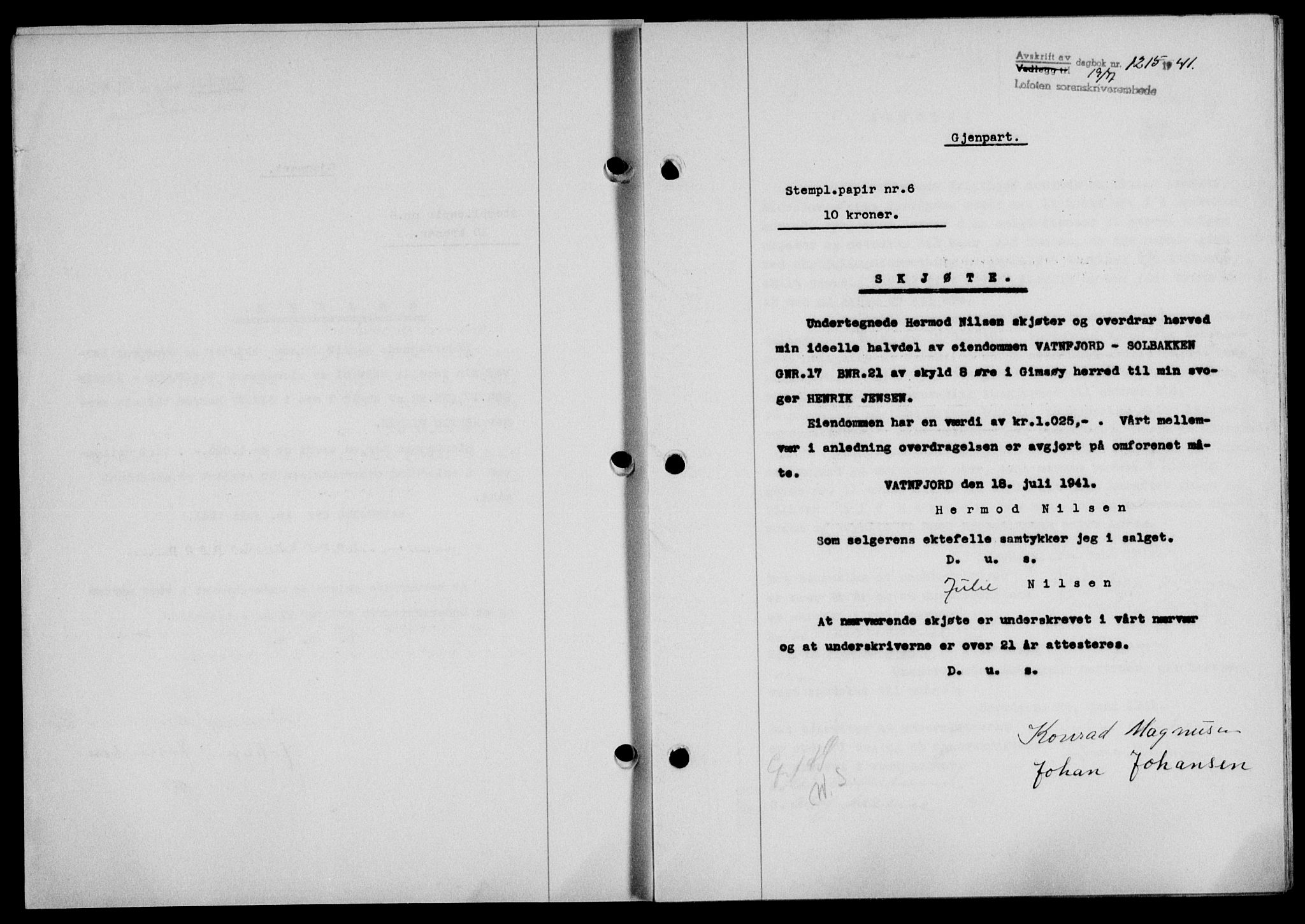 Lofoten sorenskriveri, SAT/A-0017/1/2/2C/L0008a: Mortgage book no. 8a, 1940-1941, Diary no: : 1215/1941