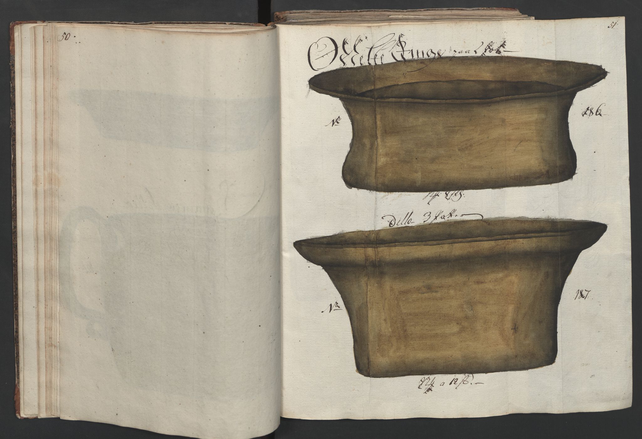 Glassverk, samlinger, AV/RA-PA-0001/F/Fa/L0036: Modellbok for Nøstetangens og Aas' produkter med prisangivelse,, 1763, p. 50-51