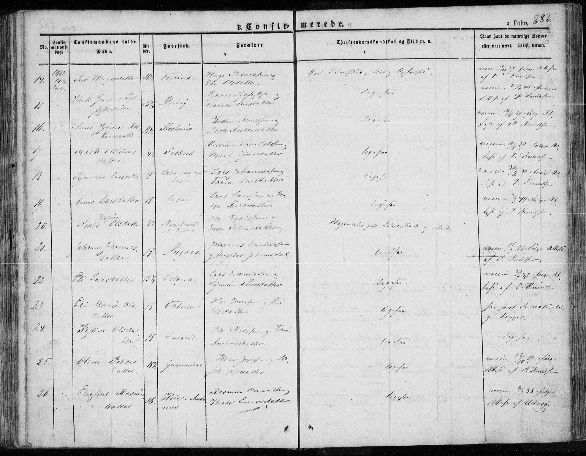 Tysvær sokneprestkontor, AV/SAST-A -101864/H/Ha/Haa/L0001: Parish register (official) no. A 1.1, 1831-1856, p. 282