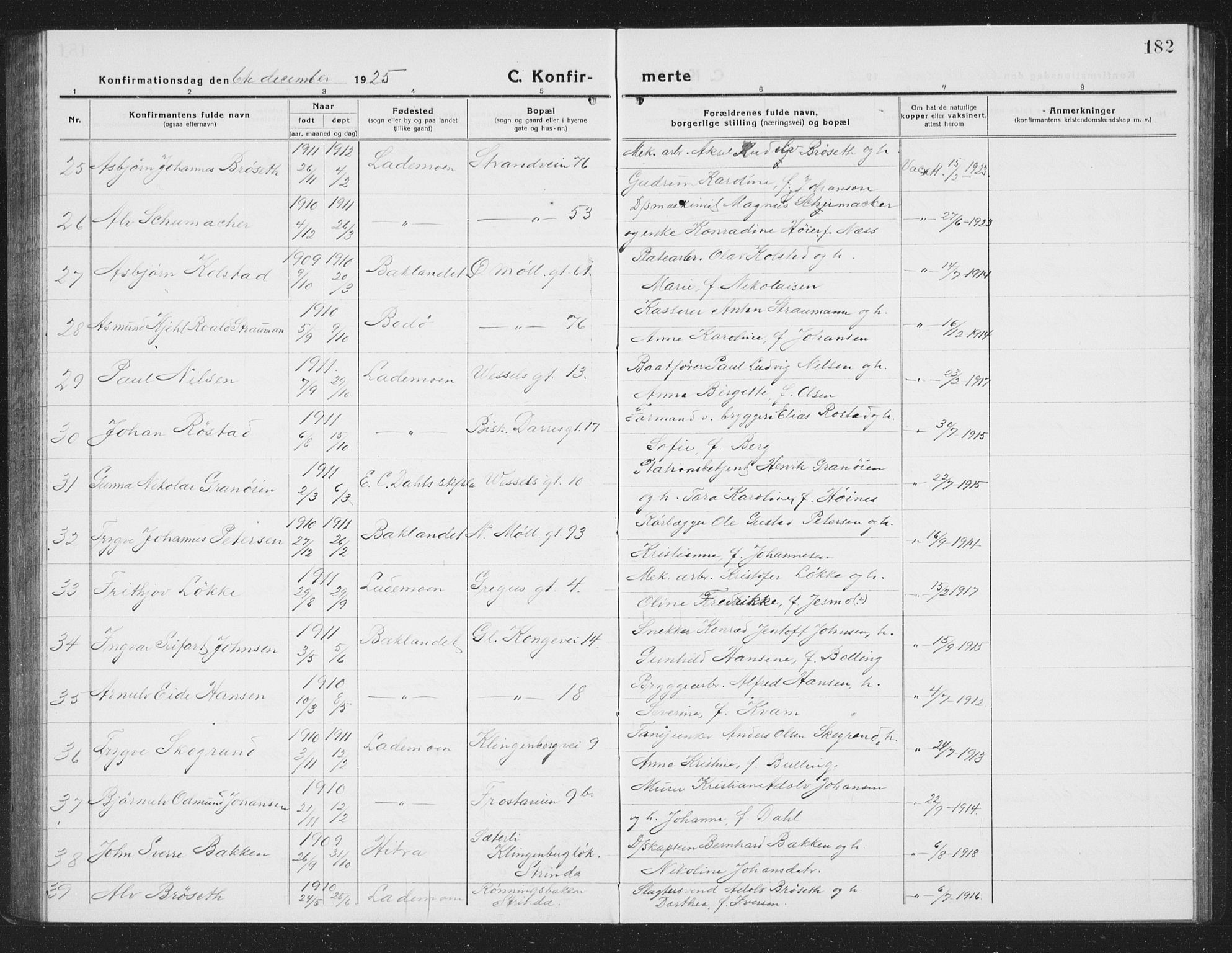 Ministerialprotokoller, klokkerbøker og fødselsregistre - Sør-Trøndelag, SAT/A-1456/605/L0258: Parish register (copy) no. 605C05, 1918-1930, p. 182