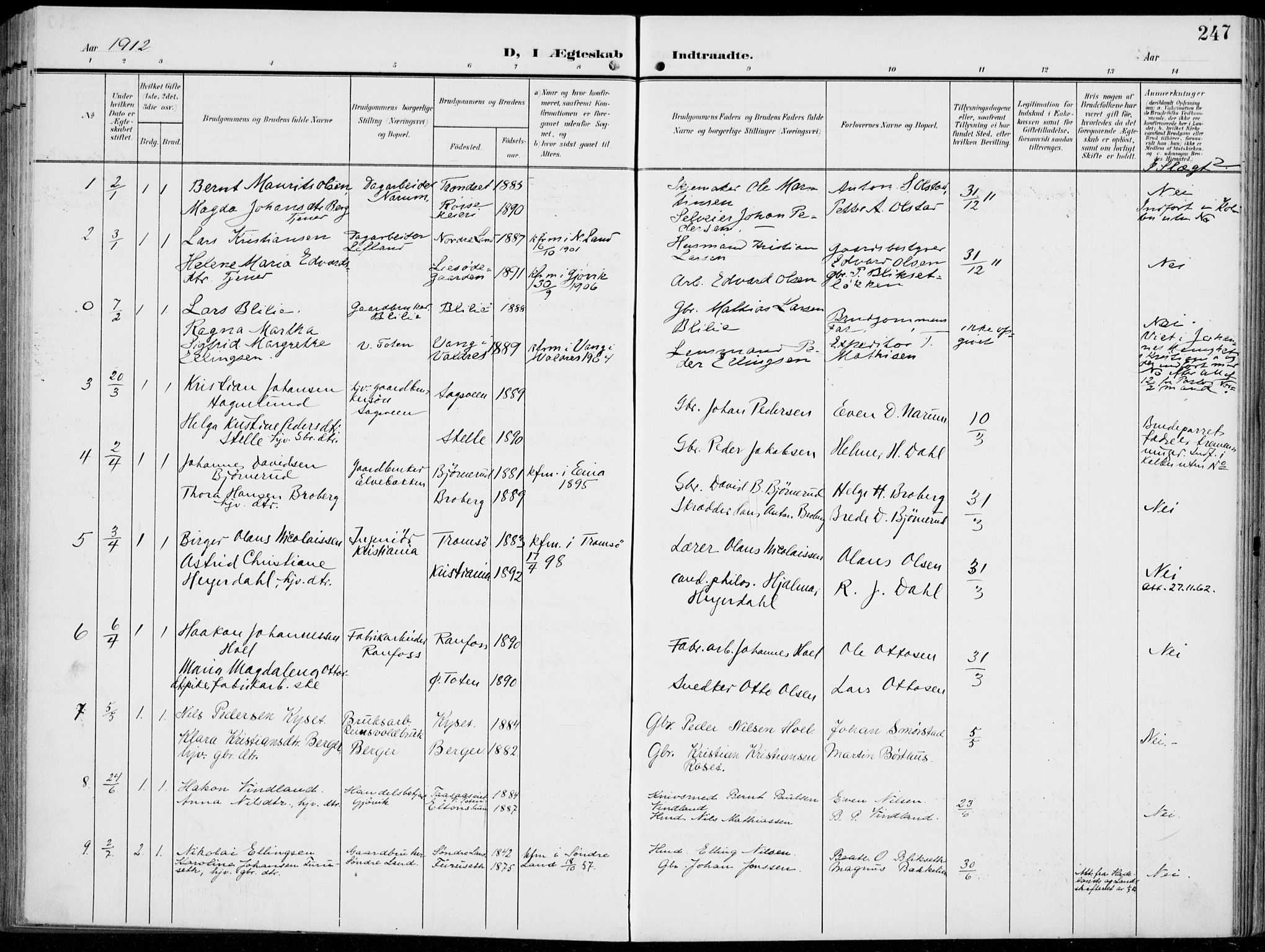 Vestre Toten prestekontor, SAH/PREST-108/H/Ha/Haa/L0014: Parish register (official) no. 14, 1907-1920, p. 247