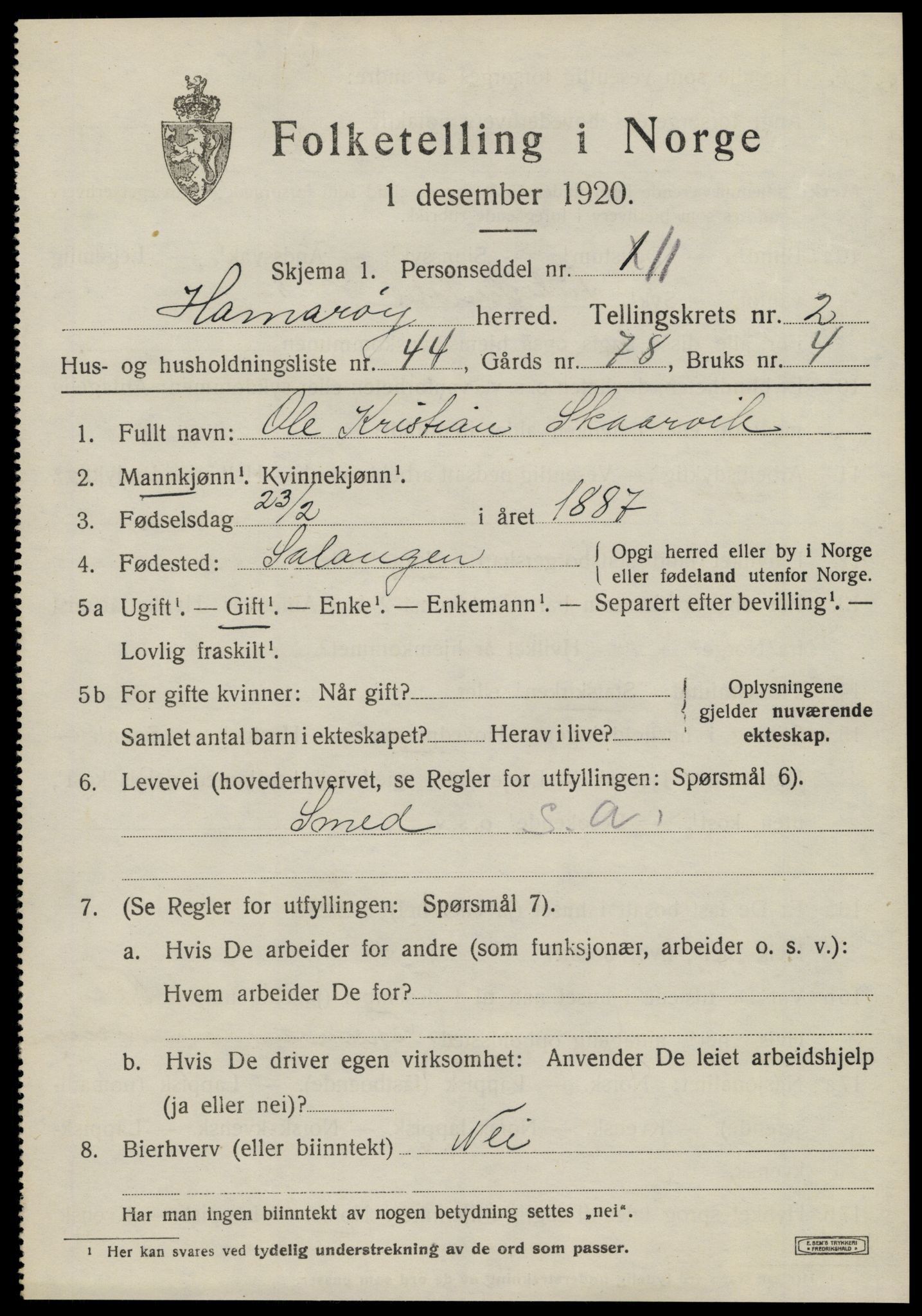 SAT, 1920 census for Hamarøy, 1920, p. 1998