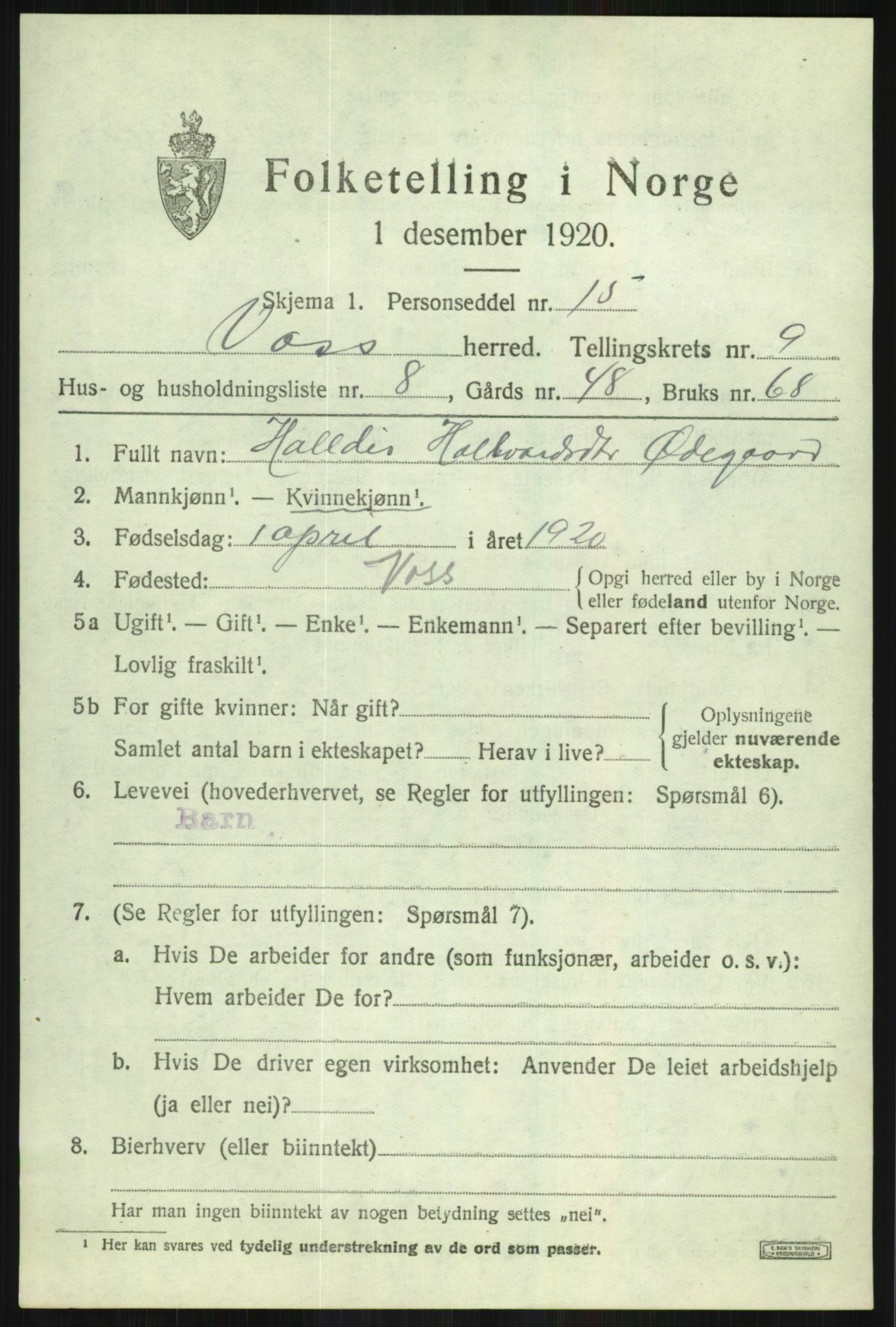 SAB, 1920 census for Voss, 1920, p. 8747