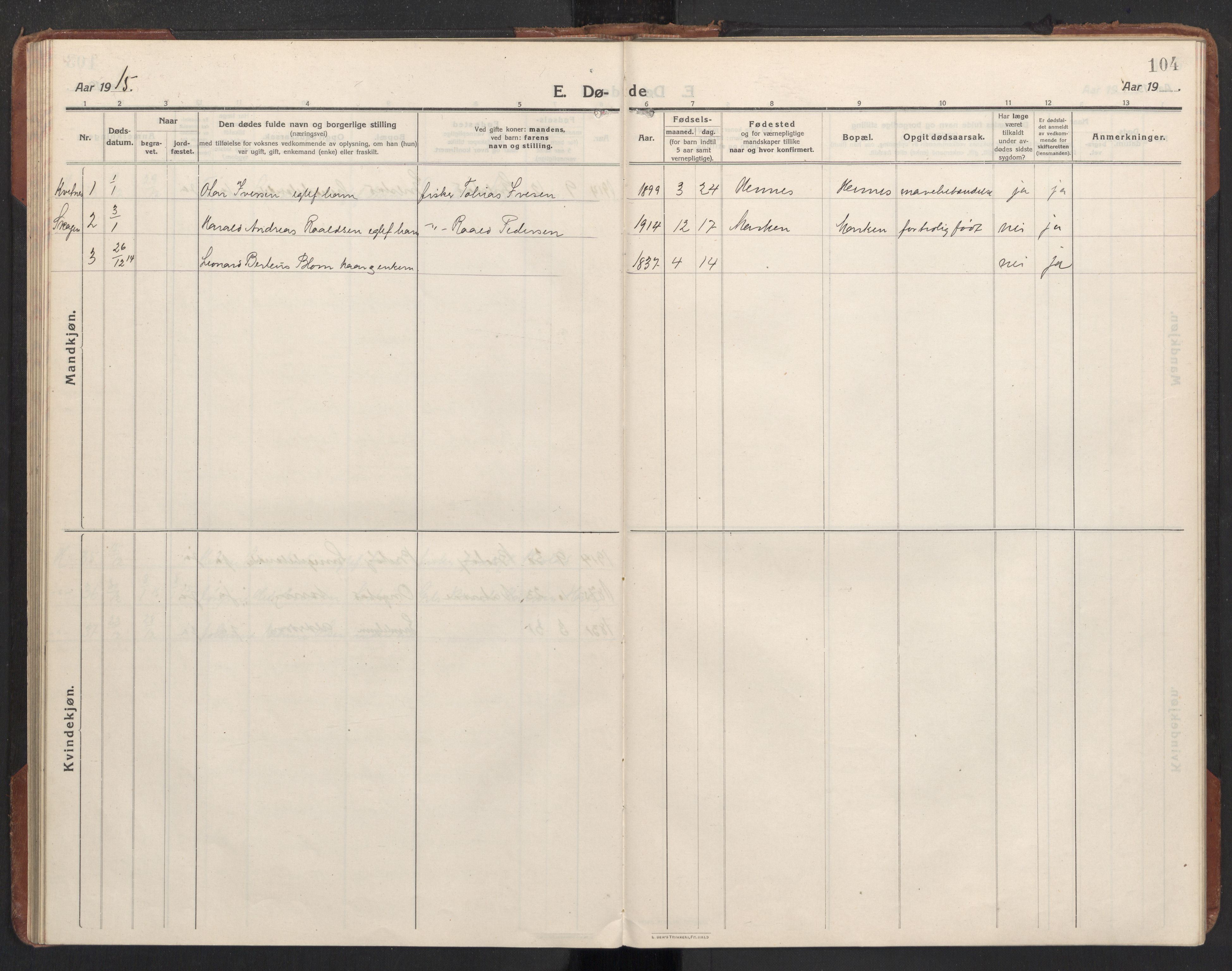 Ministerialprotokoller, klokkerbøker og fødselsregistre - Nordland, AV/SAT-A-1459/888/L1269: Parish register (copy) no. 888C11, 1913-1937, p. 104