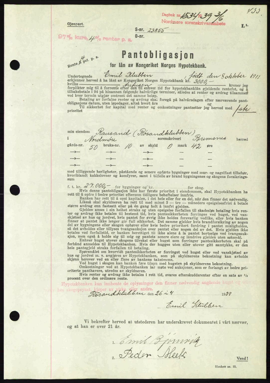 Nordmøre sorenskriveri, AV/SAT-A-4132/1/2/2Ca: Mortgage book no. B85, 1939-1939, Diary no: : 1534/1939