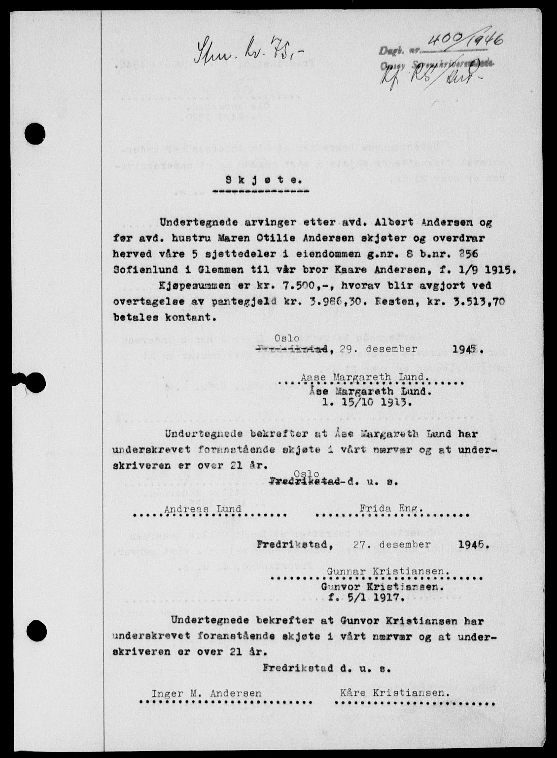 Onsøy sorenskriveri, SAO/A-10474/G/Ga/Gab/L0015: Mortgage book no. II A-15, 1945-1946, Diary no: : 400/1946