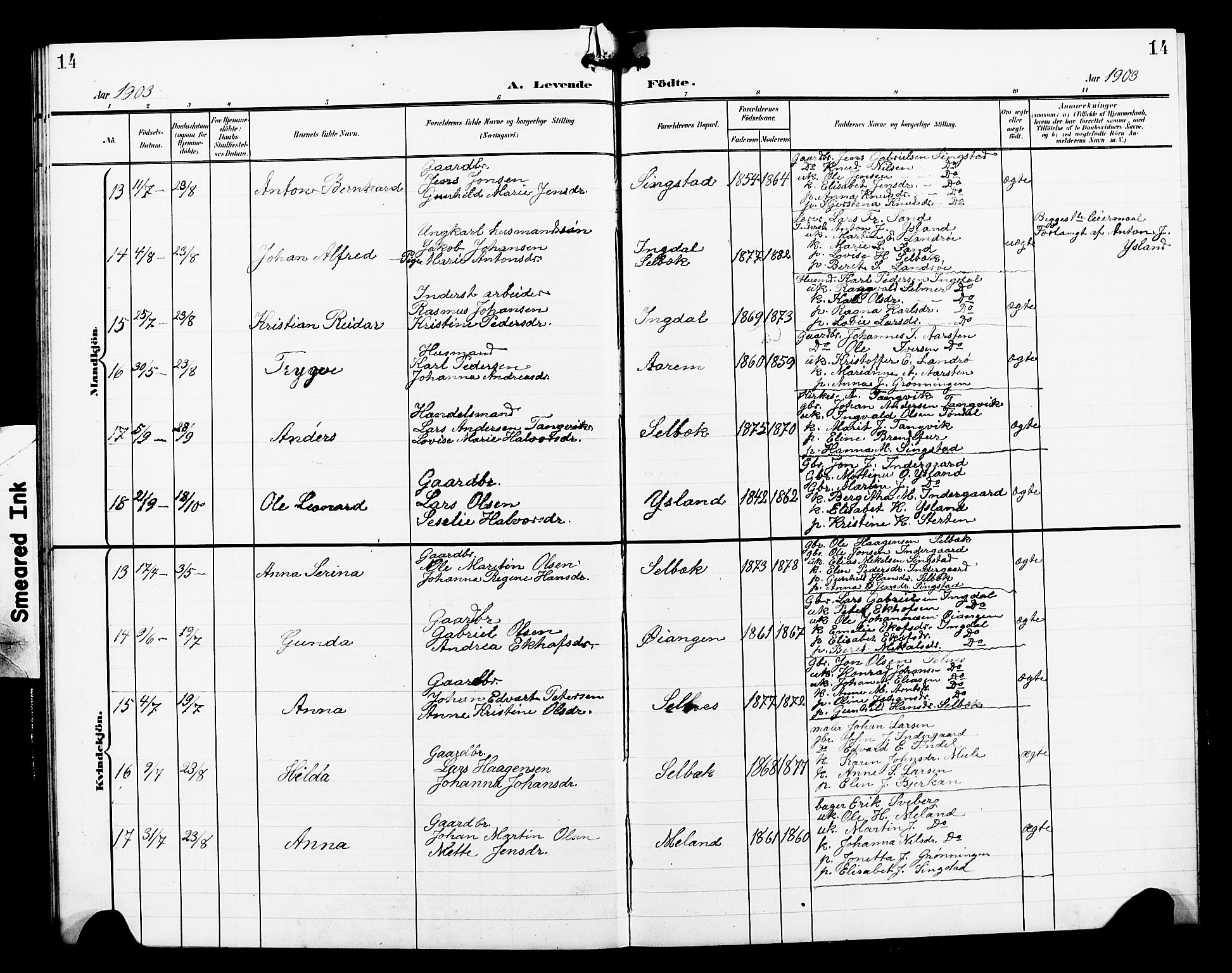 Ministerialprotokoller, klokkerbøker og fødselsregistre - Sør-Trøndelag, SAT/A-1456/663/L0763: Parish register (copy) no. 663C03, 1899-1908, p. 14