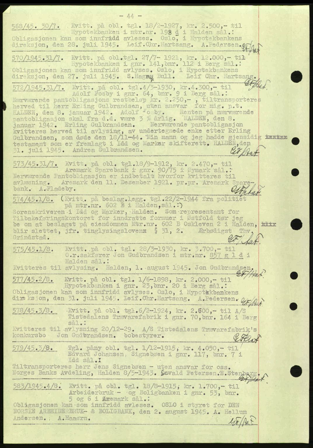 Idd og Marker sorenskriveri, AV/SAO-A-10283/G/Gb/Gbc/L0002: Mortgage book no. B4-9a, 1939-1945, Diary no: : 568/1945