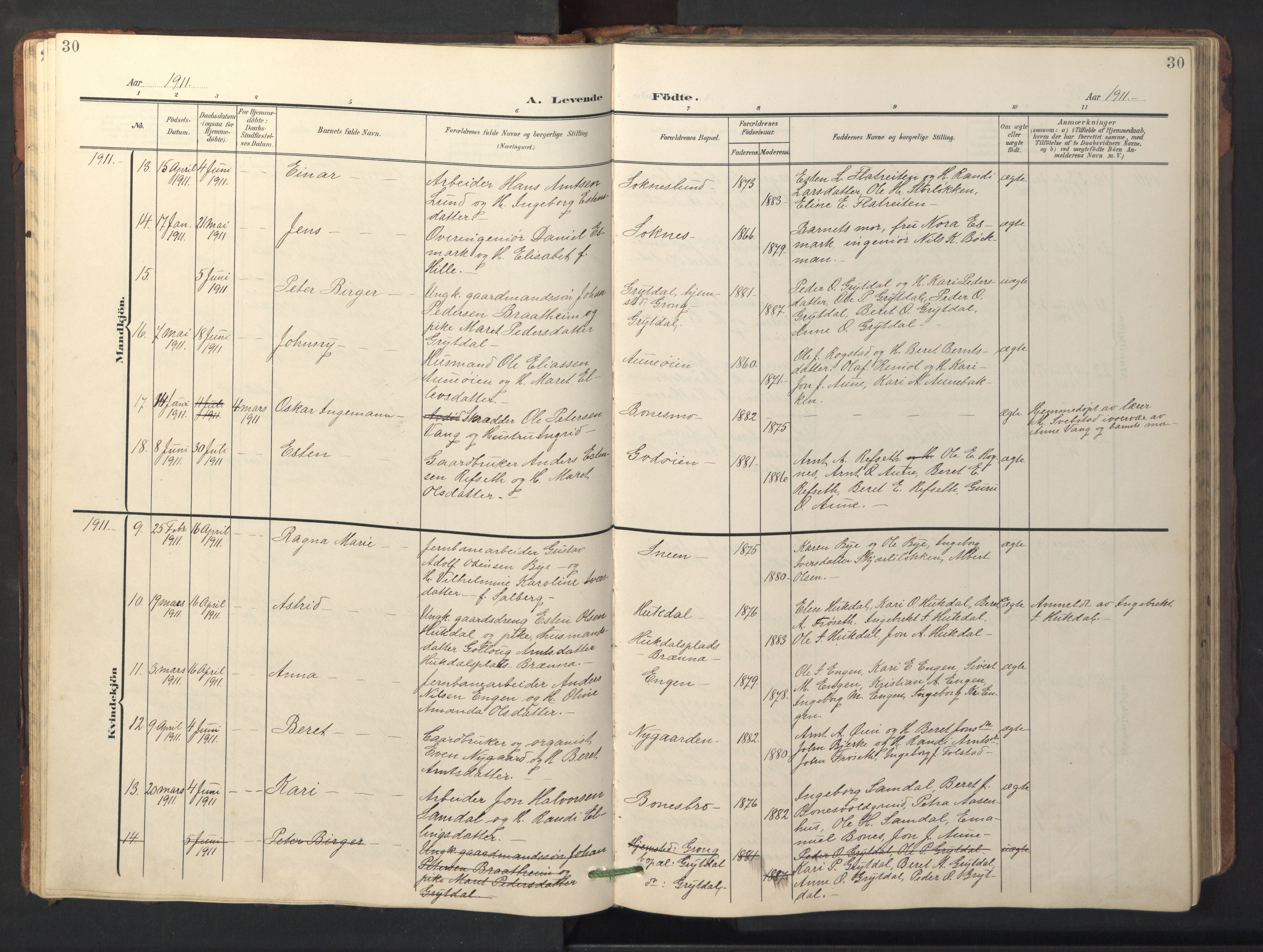 Ministerialprotokoller, klokkerbøker og fødselsregistre - Sør-Trøndelag, SAT/A-1456/687/L1019: Parish register (copy) no. 687C03, 1904-1931, p. 30