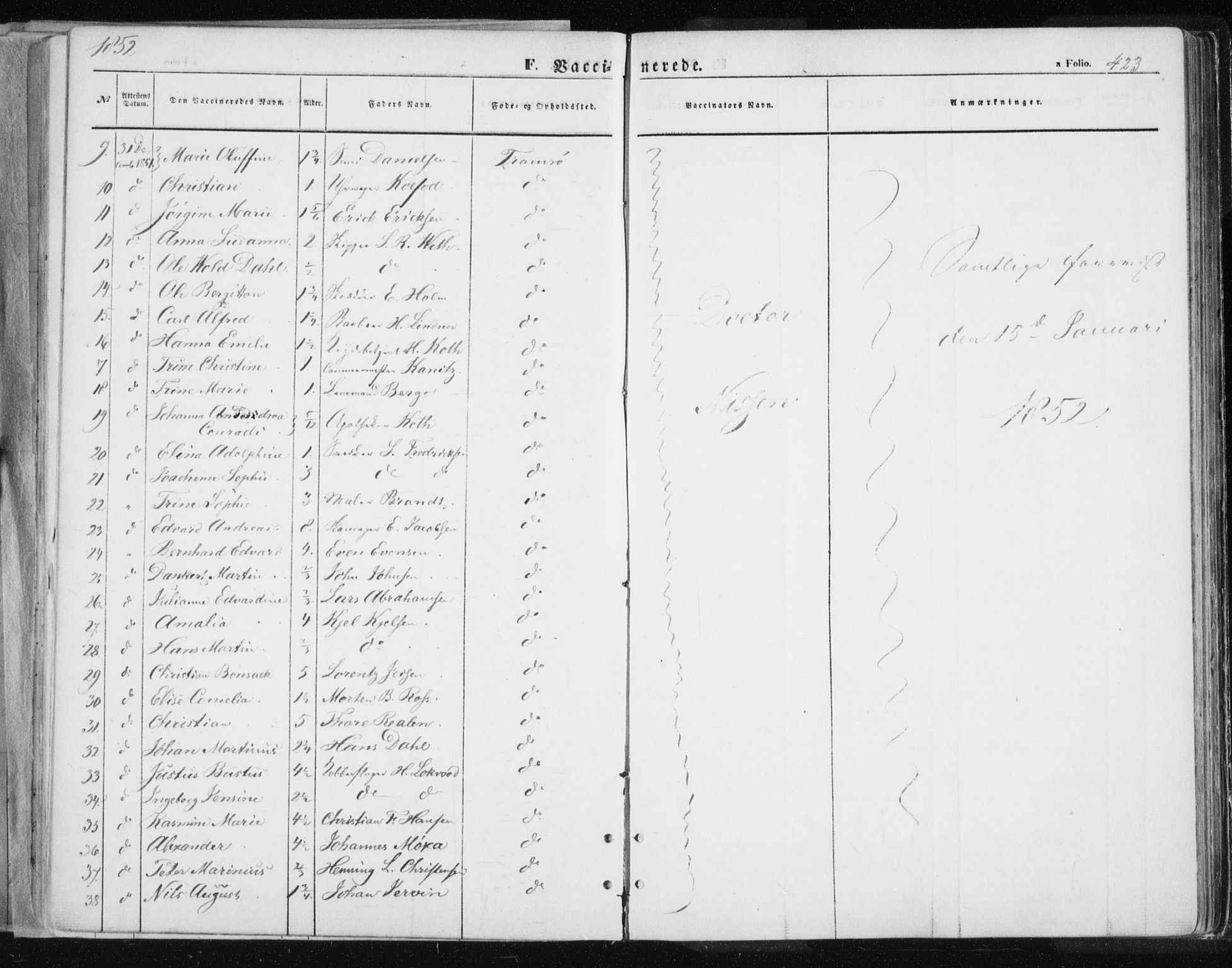 Tromsø sokneprestkontor/stiftsprosti/domprosti, SATØ/S-1343/G/Ga/L0010kirke: Parish register (official) no. 10, 1848-1855, p. 423