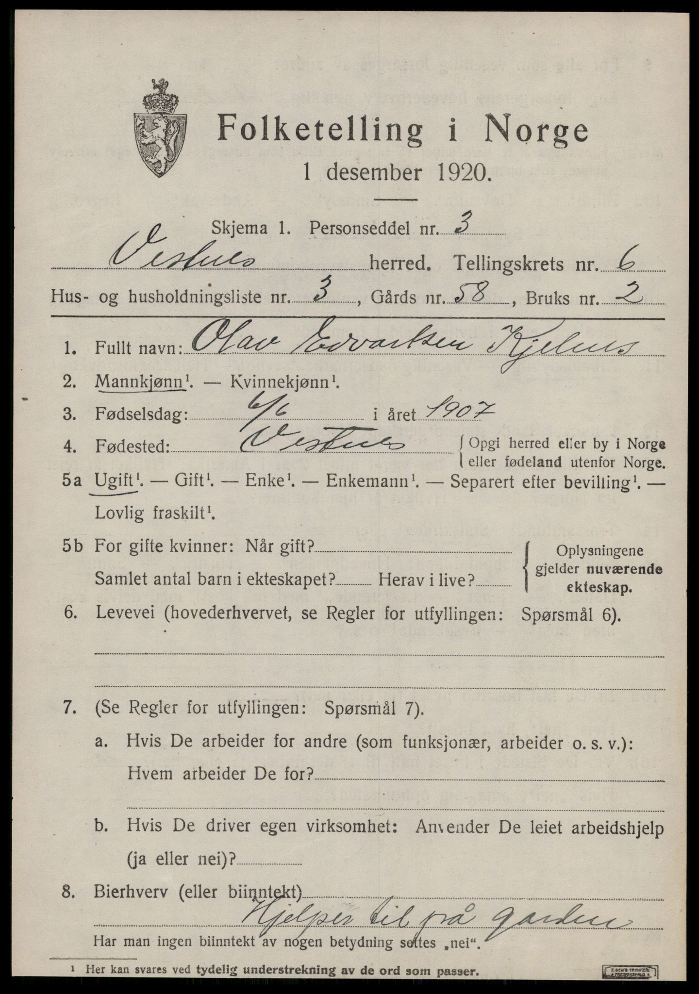 SAT, 1920 census for Vestnes, 1920, p. 4337