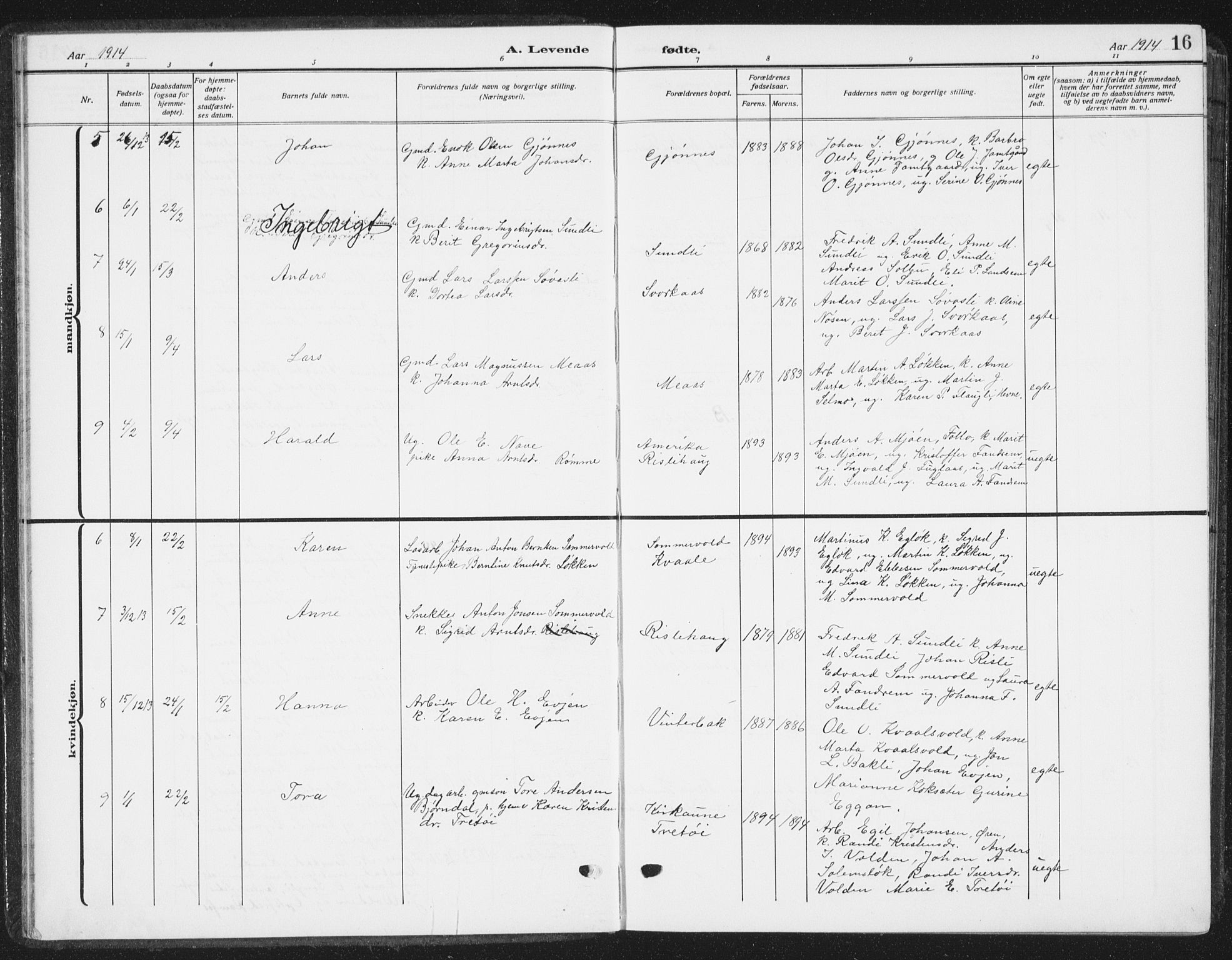 Ministerialprotokoller, klokkerbøker og fødselsregistre - Sør-Trøndelag, SAT/A-1456/668/L0820: Parish register (copy) no. 668C09, 1912-1936, p. 16