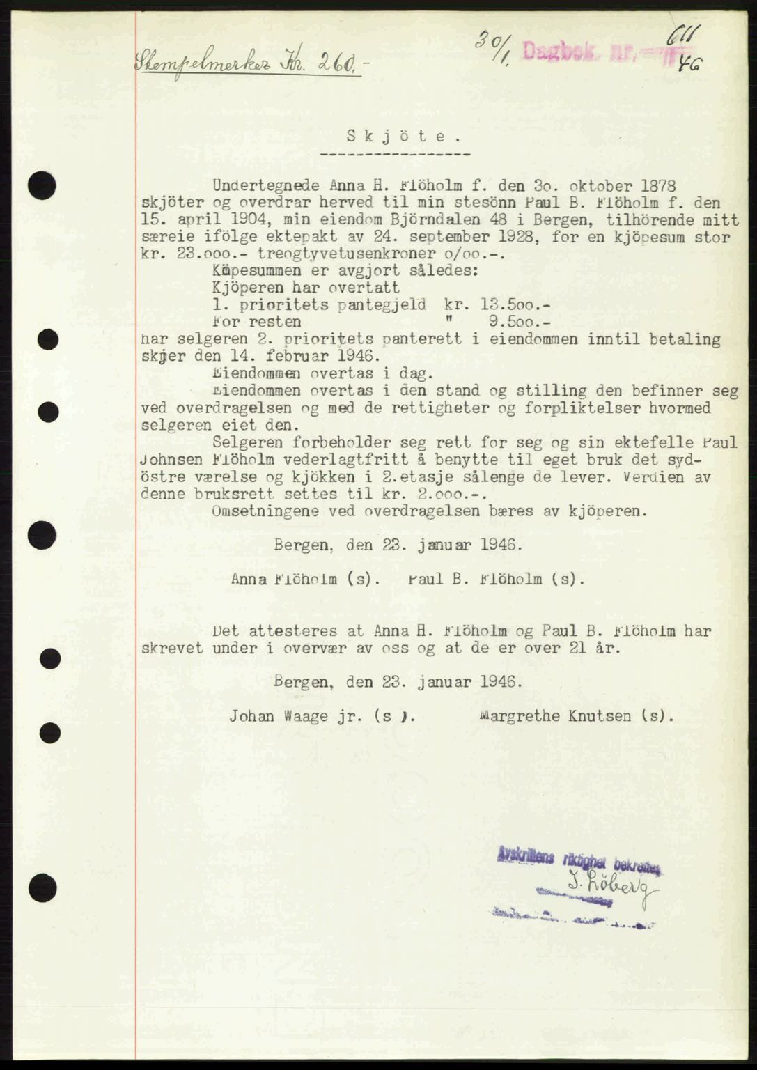 Byfogd og Byskriver i Bergen, SAB/A-3401/03/03Bc/L0022: Mortgage book no. A18, 1946-1946, Diary no: : 611/1946