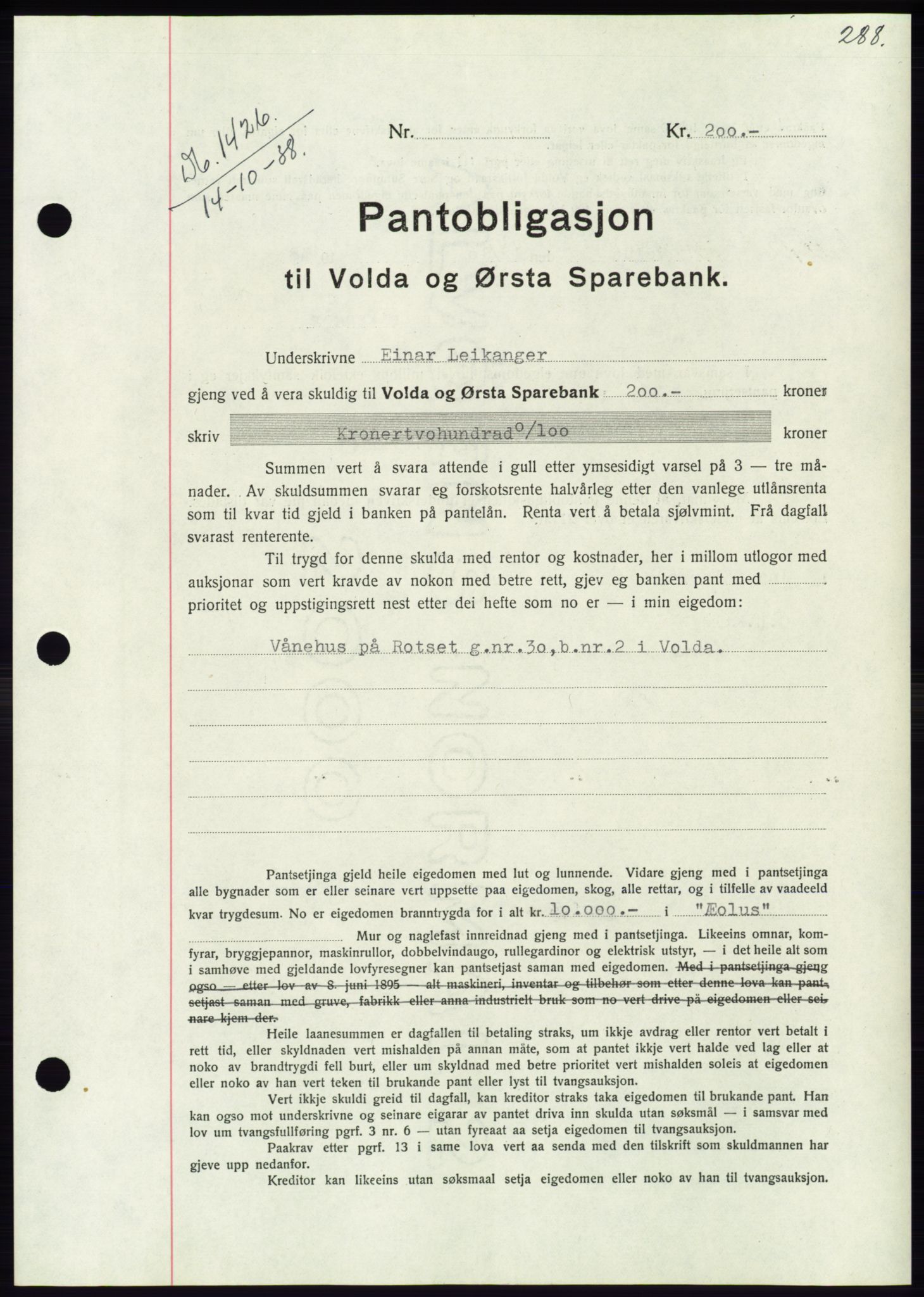 Søre Sunnmøre sorenskriveri, AV/SAT-A-4122/1/2/2C/L0066: Mortgage book no. 60, 1938-1938, Diary no: : 1426/1938