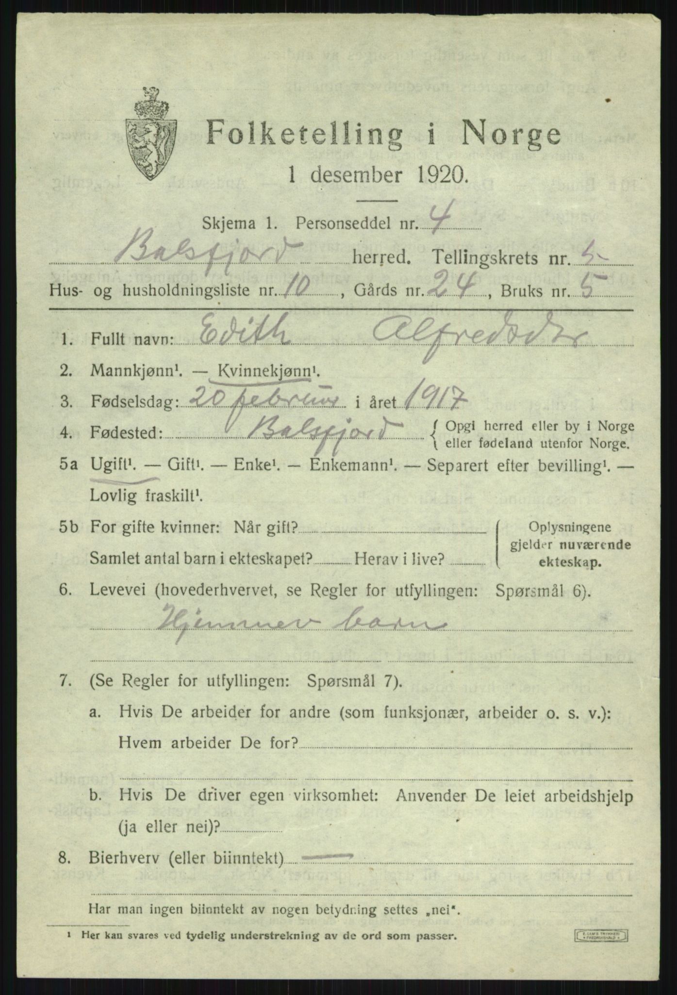 SATØ, 1920 census for Balsfjord, 1920, p. 3228
