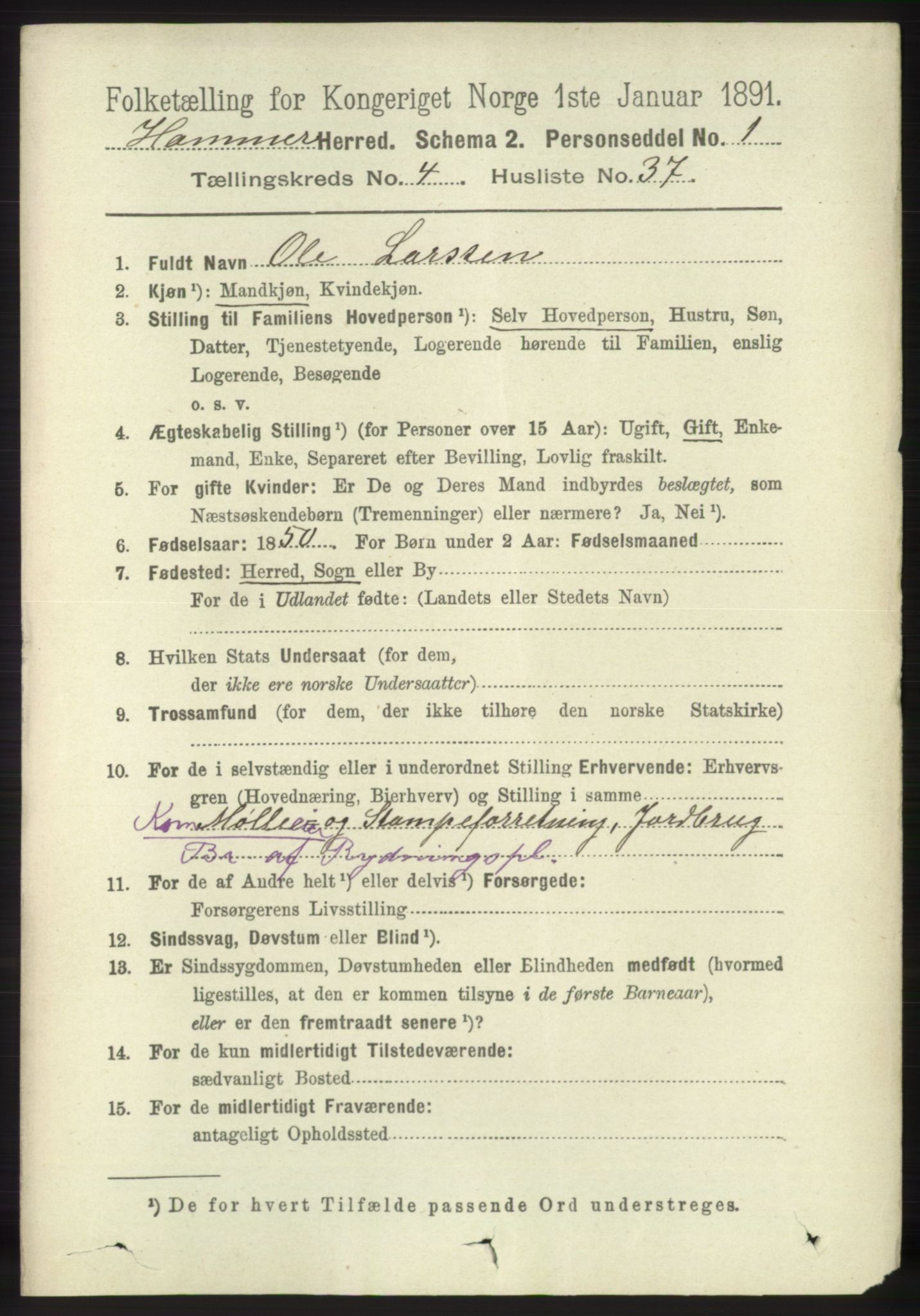 RA, 1891 census for 1254 Hamre, 1891, p. 1168