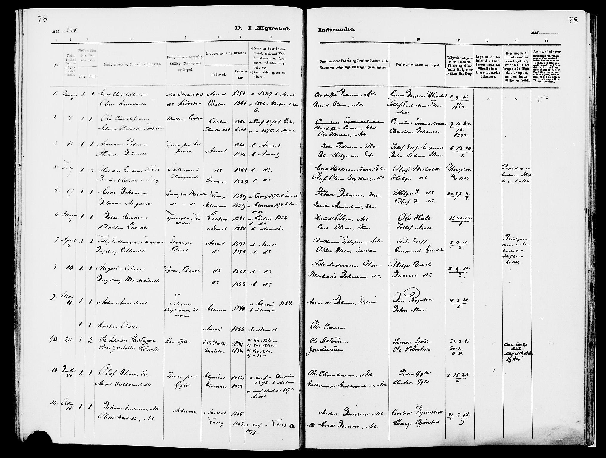 Åmot prestekontor, Hedmark, AV/SAH-PREST-056/H/Ha/Haa/L0010: Parish register (official) no. 10, 1884-1889, p. 78