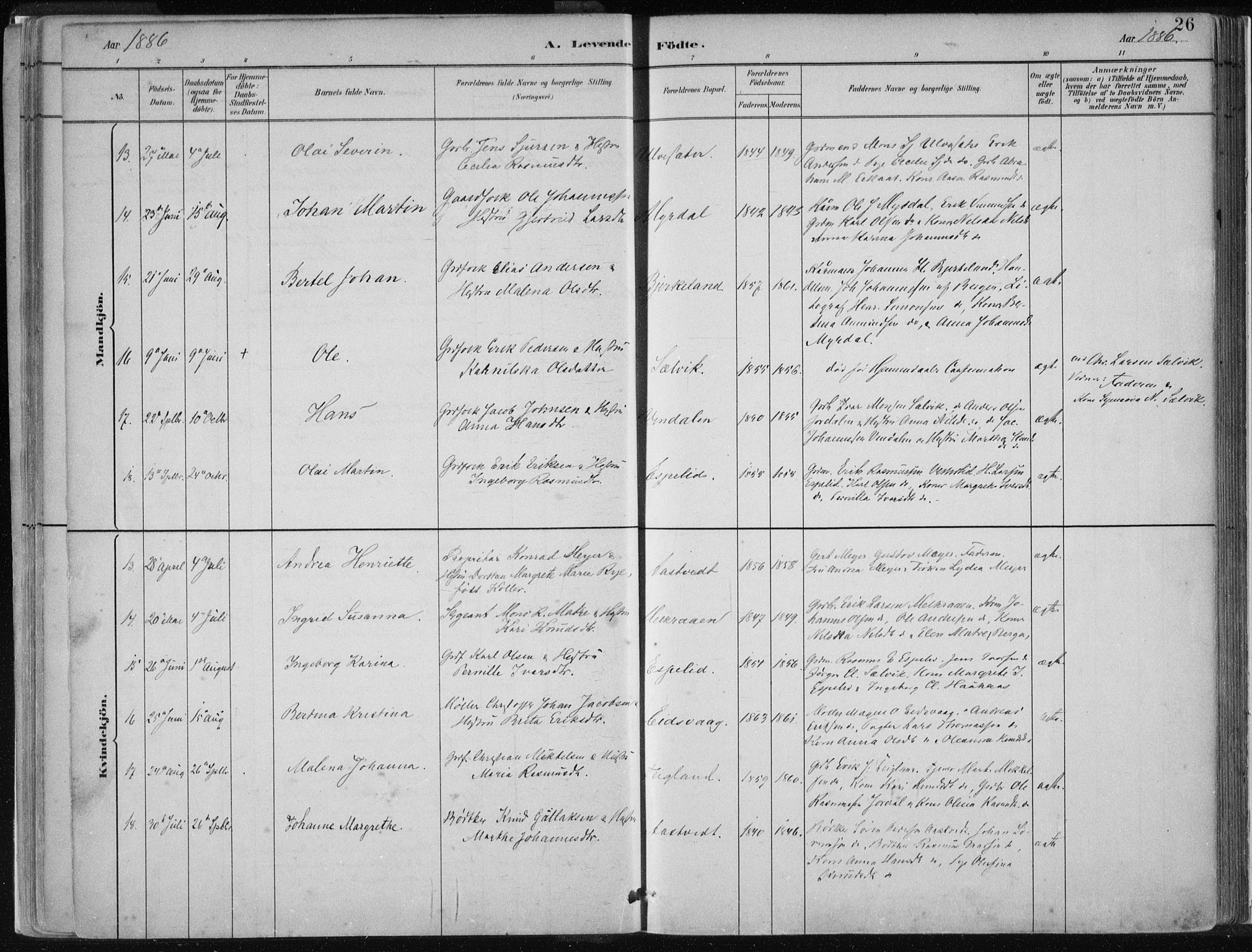 Hamre sokneprestembete, AV/SAB-A-75501/H/Ha/Haa/Haad/L0001: Parish register (official) no. D  1, 1882-1906, p. 26