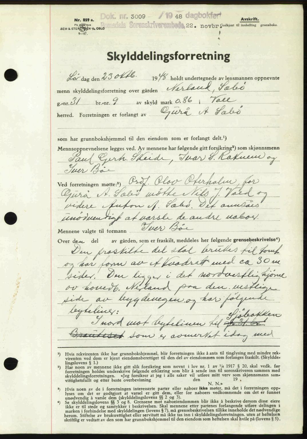 Romsdal sorenskriveri, AV/SAT-A-4149/1/2/2C: Mortgage book no. A27, 1948-1948, Diary no: : 3009/1948