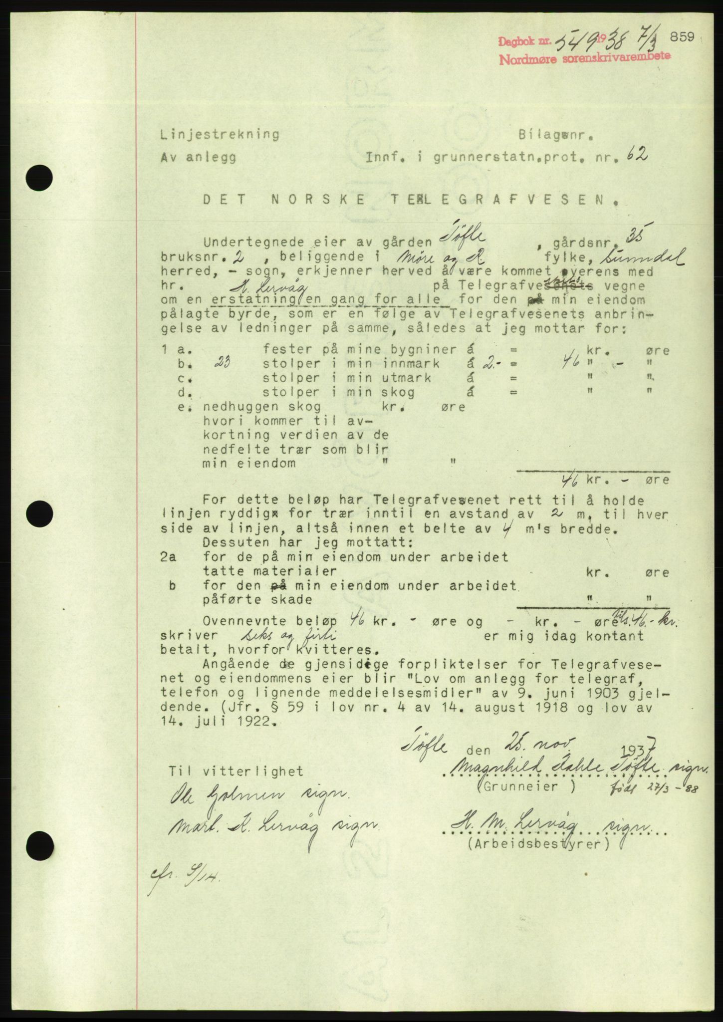 Nordmøre sorenskriveri, AV/SAT-A-4132/1/2/2Ca/L0092: Mortgage book no. B82, 1937-1938, Diary no: : 549/1938