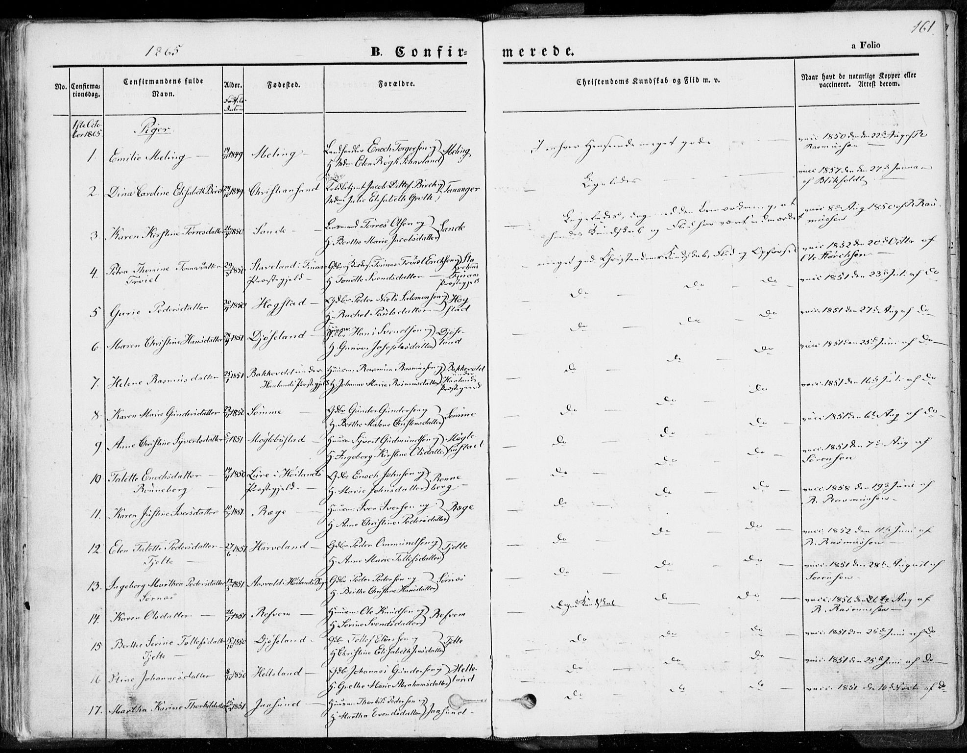 Håland sokneprestkontor, AV/SAST-A-101802/001/30BA/L0007: Parish register (official) no. A 7.1, 1854-1870, p. 161