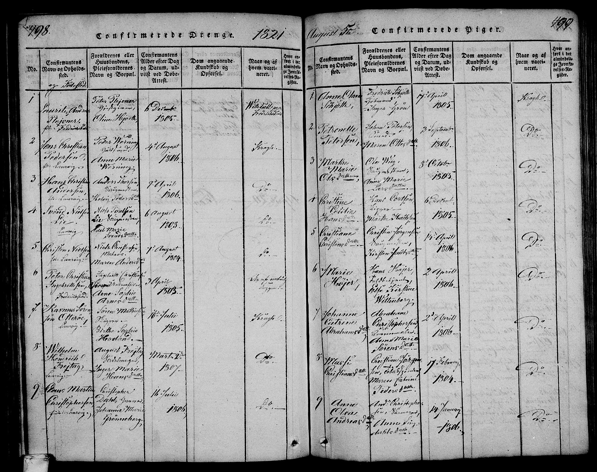 Larvik kirkebøker, SAKO/A-352/F/Fa/L0001: Parish register (official) no. I 1, 1814-1825, p. 498-499
