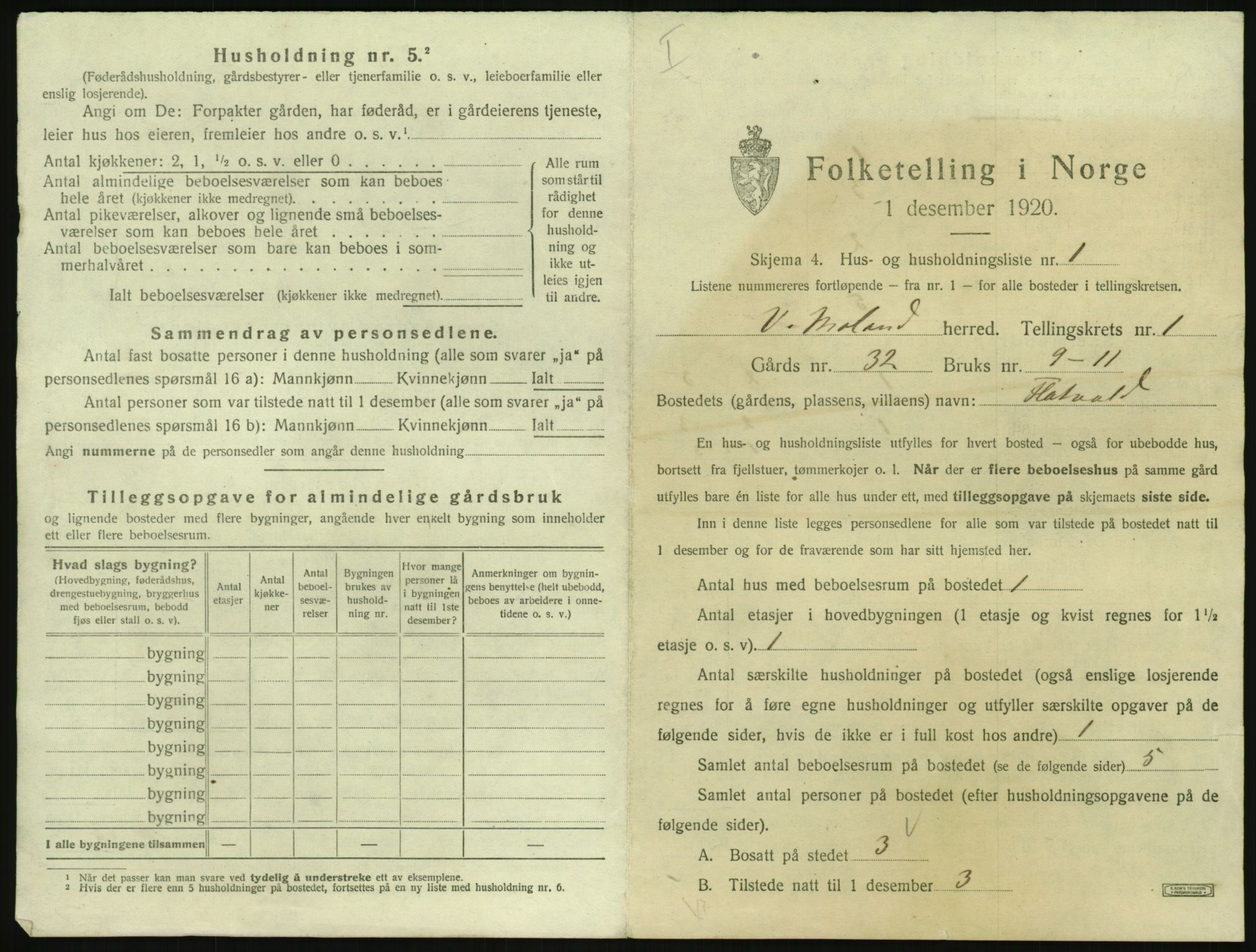 SAK, 1920 census for Vestre Moland, 1920, p. 43