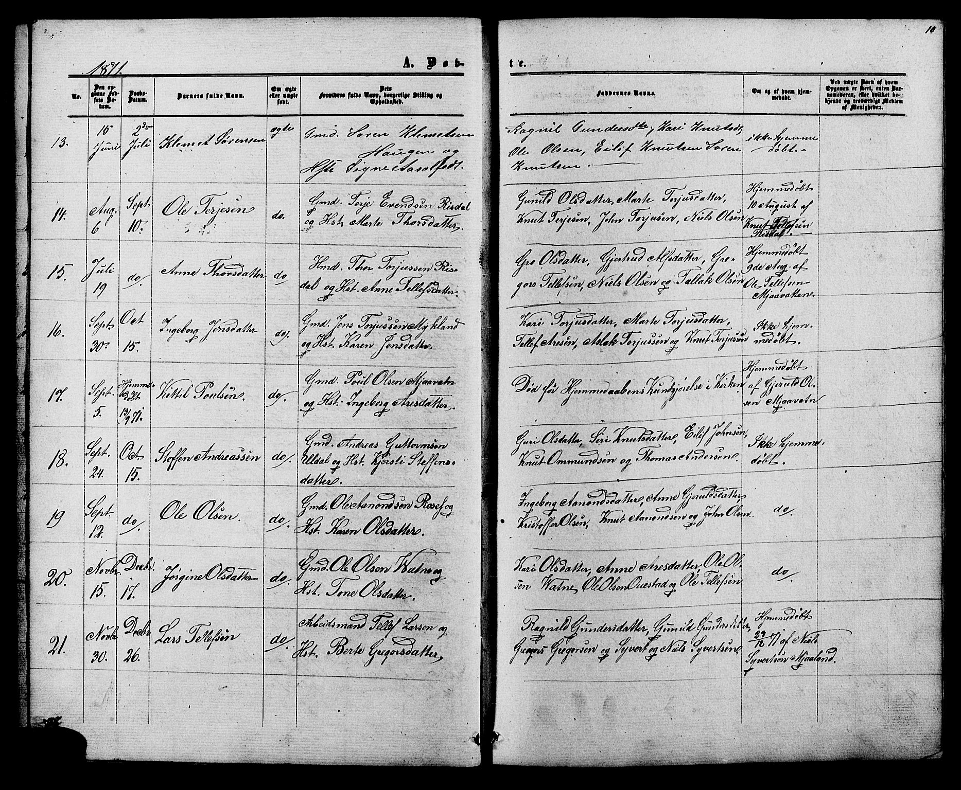 Herefoss sokneprestkontor, AV/SAK-1111-0019/F/Fb/Fbc/L0002: Parish register (copy) no. B 2, 1867-1886, p. 10