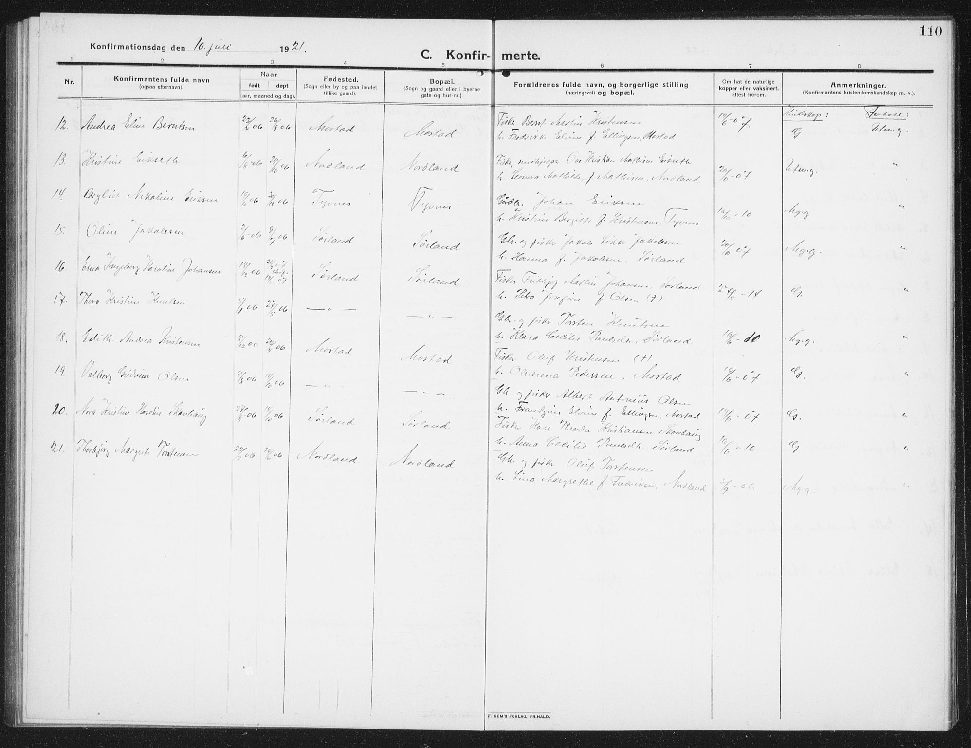 Ministerialprotokoller, klokkerbøker og fødselsregistre - Nordland, AV/SAT-A-1459/807/L0124: Parish register (copy) no. 807C02, 1910-1935, p. 110