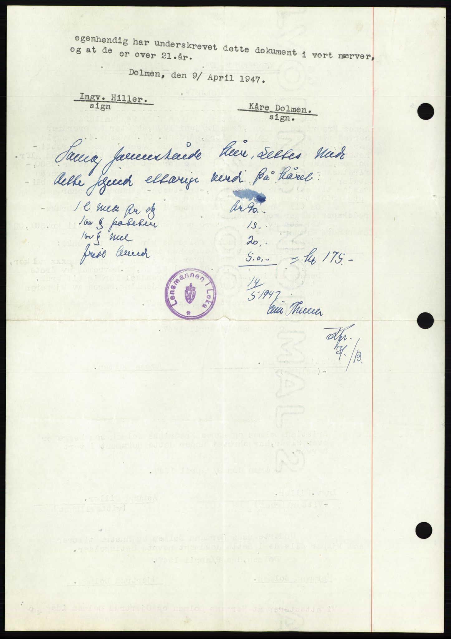 Namdal sorenskriveri, AV/SAT-A-4133/1/2/2C: Mortgage book no. -, 1947-1947, Diary no: : 1223/1947