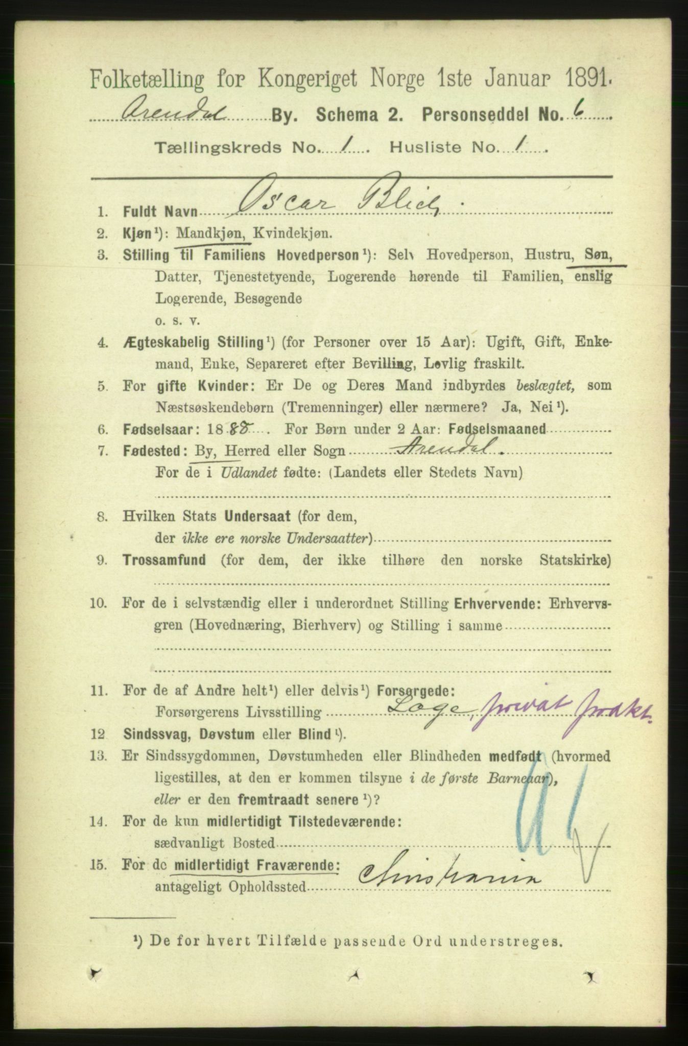 RA, 1891 census for 0903 Arendal, 1891, p. 932