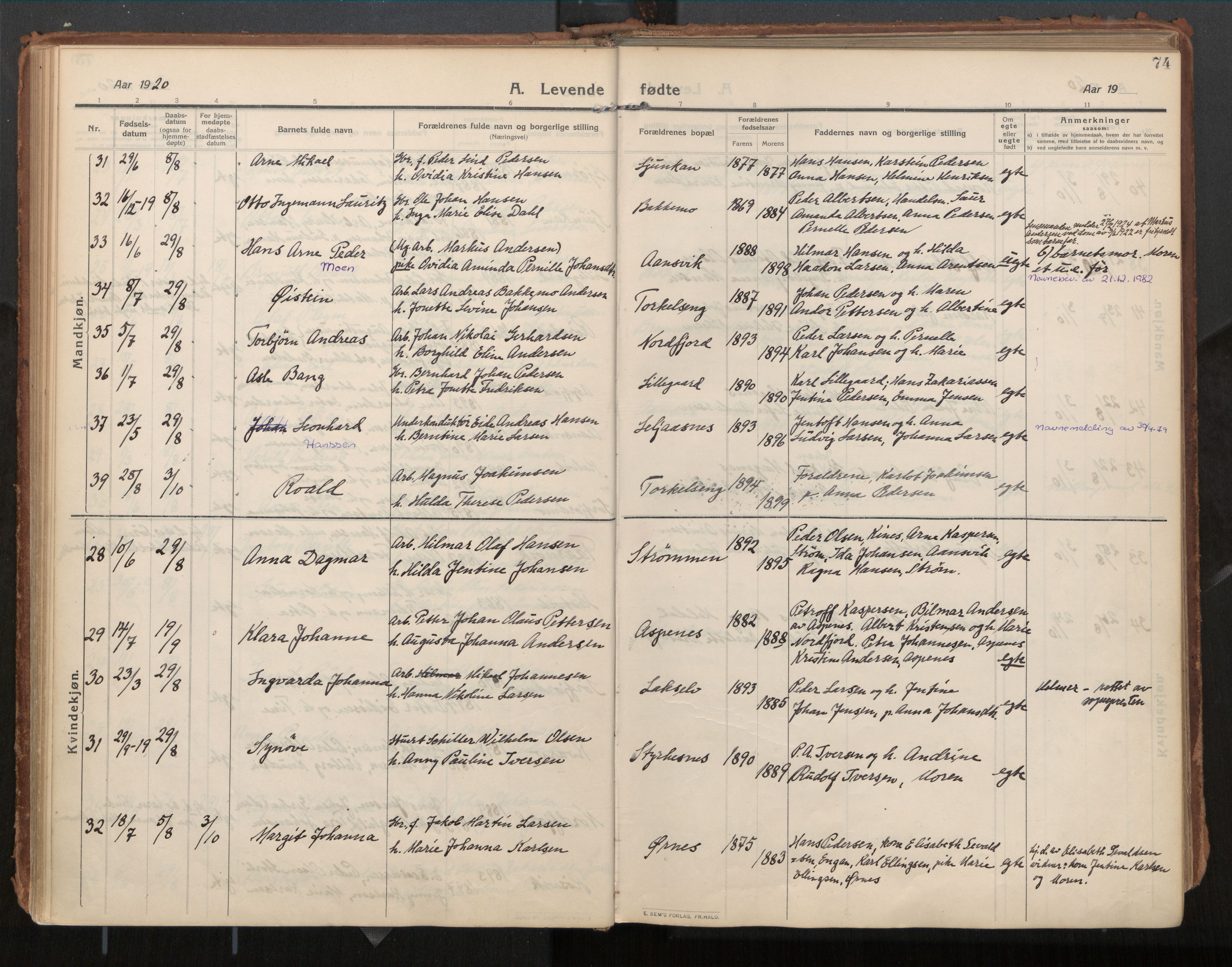 Ministerialprotokoller, klokkerbøker og fødselsregistre - Nordland, AV/SAT-A-1459/854/L0784: Parish register (official) no. 854A07, 1910-1922, p. 74