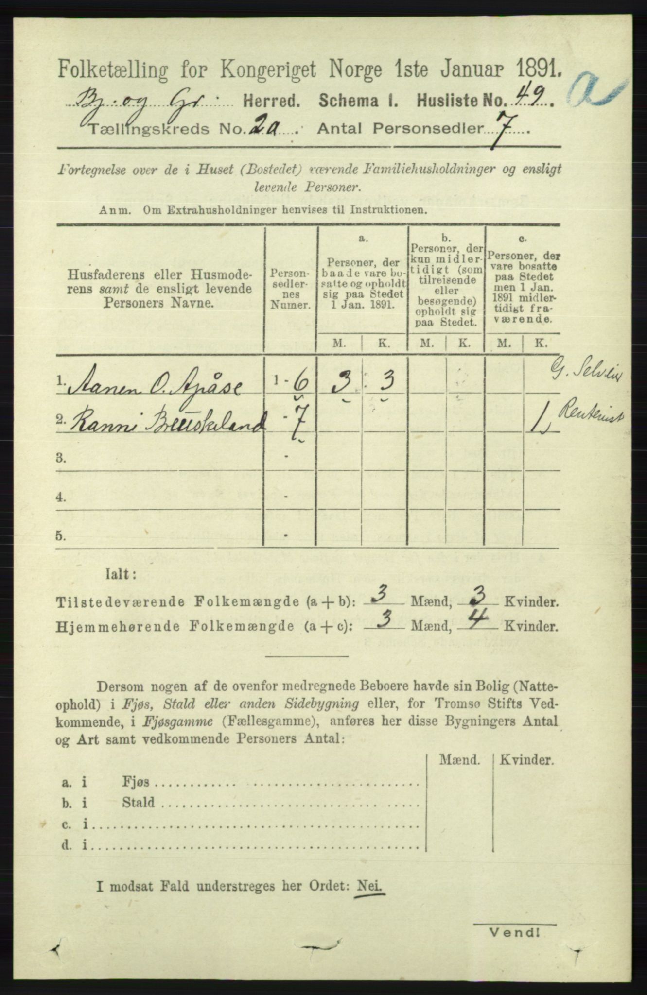 RA, 1891 census for 1024 Bjelland og Grindheim, 1891, p. 1125