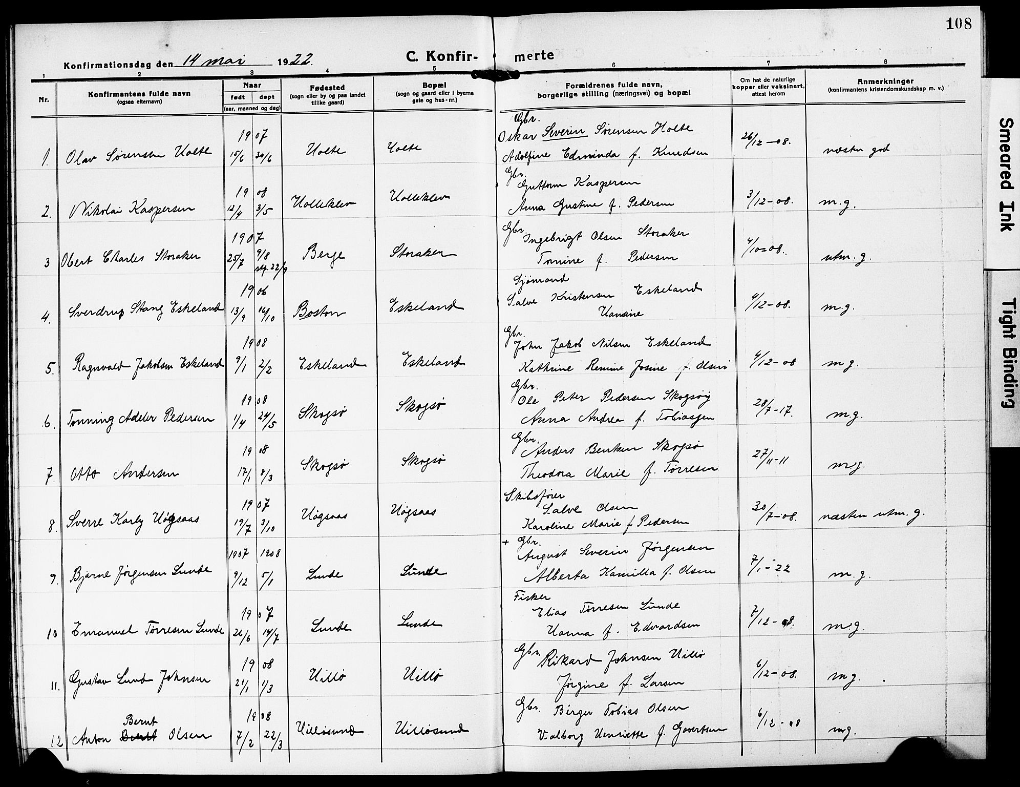 Mandal sokneprestkontor, SAK/1111-0030/F/Fb/Fba/L0013: Parish register (copy) no. B 7, 1918-1931, p. 108