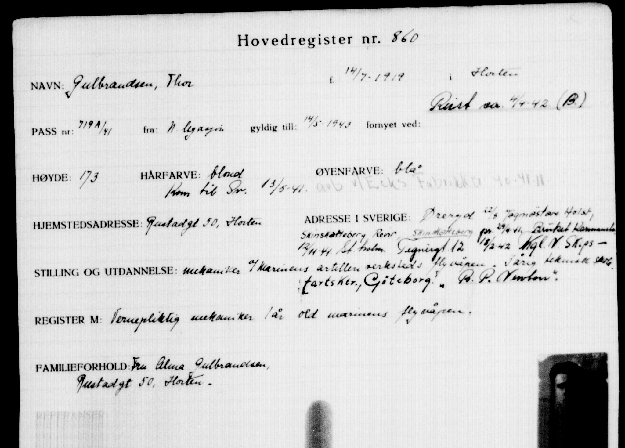 Utenriksstasjonene, Legasjonen i Stockholm, Flyktningkontoret, AV/RA-S-6753/V/Va/L0001: Kjesäterkartoteket, flyktninger med registreringsnr. 1-1000, 1940-1945, p. 1367